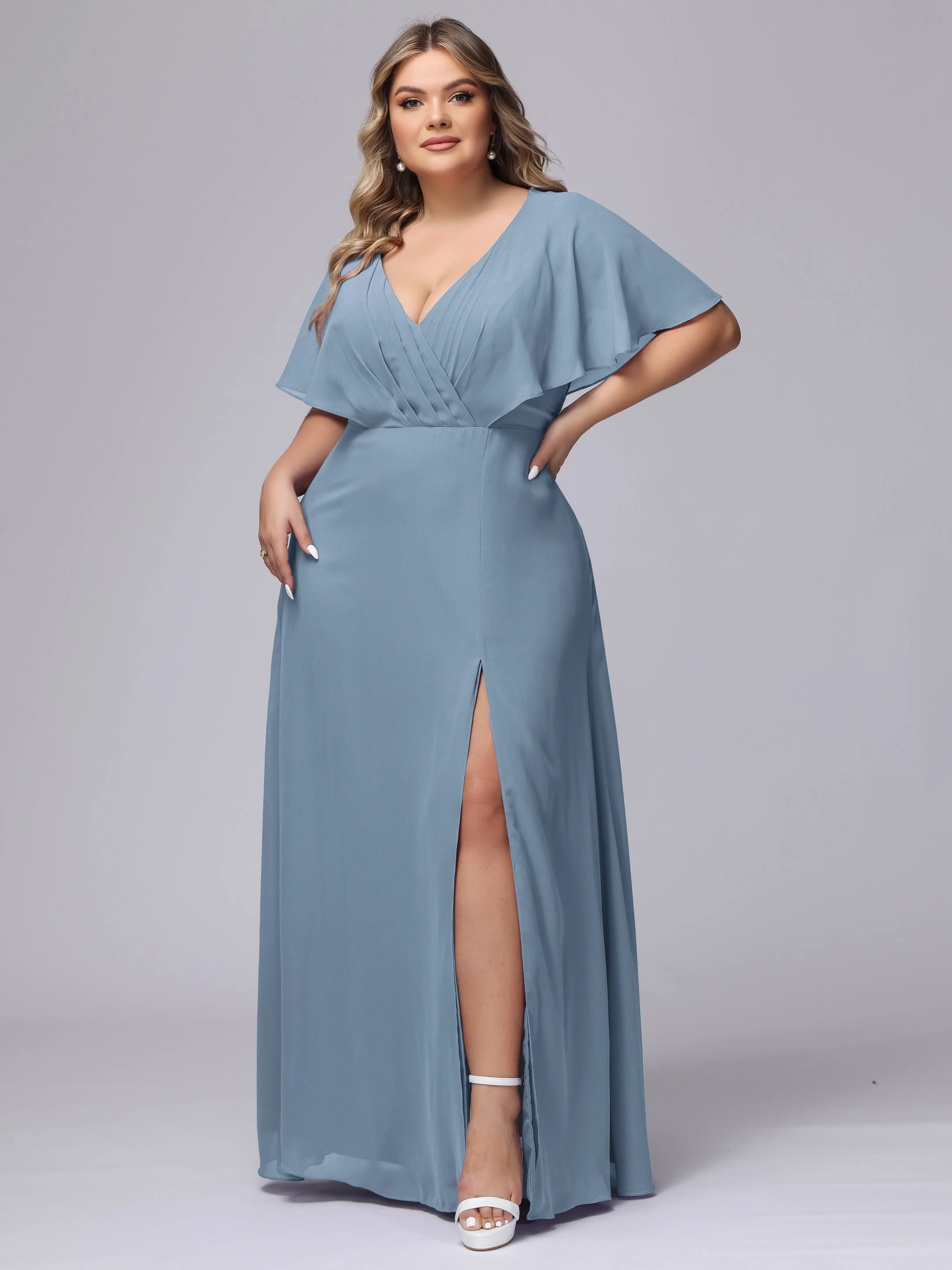 V-Neck Chiffon Short Sleeves Plus Size  Bridesmaid Dresses