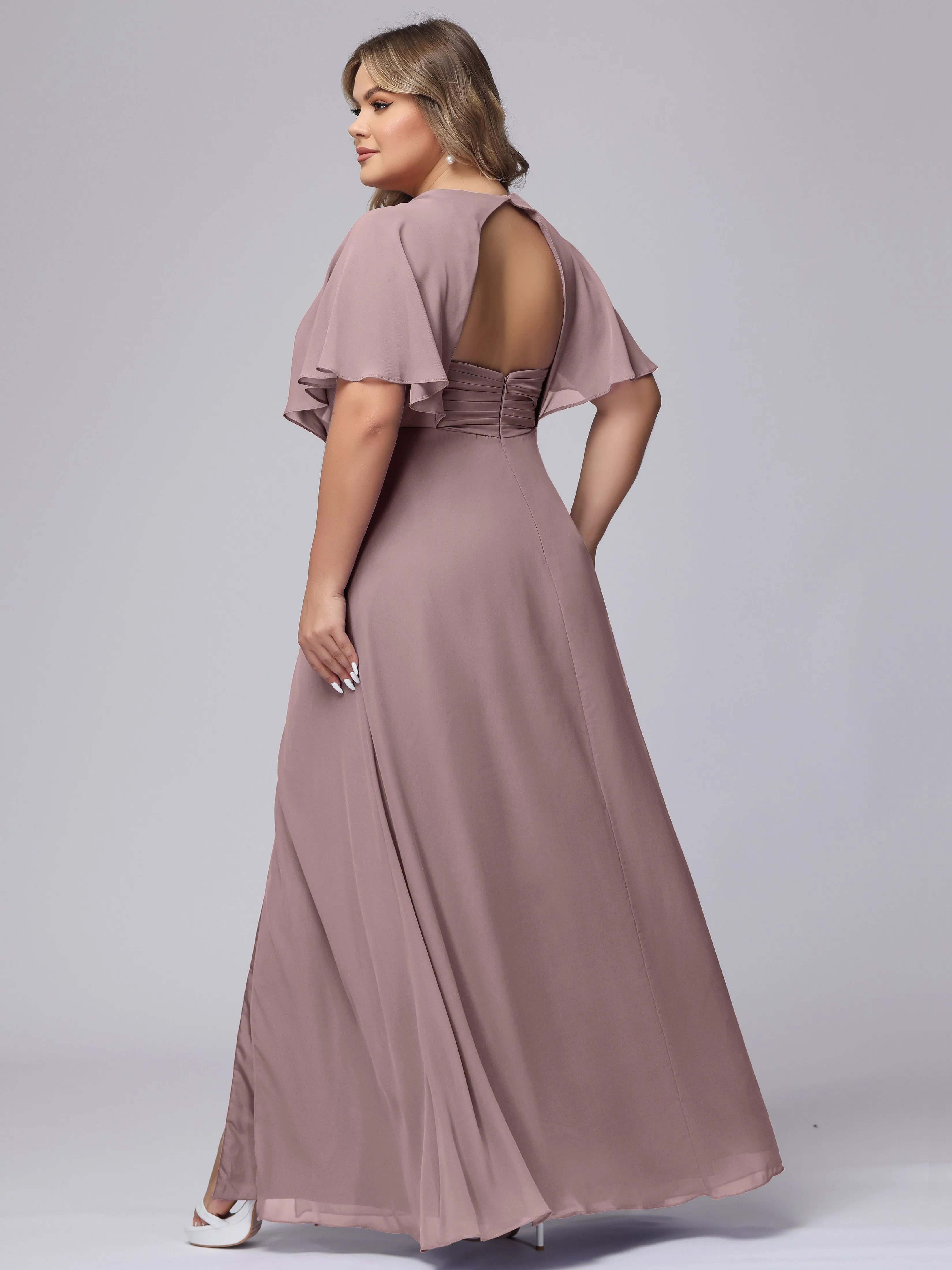 V-Neck Chiffon Short Sleeves Plus Size  Bridesmaid Dresses