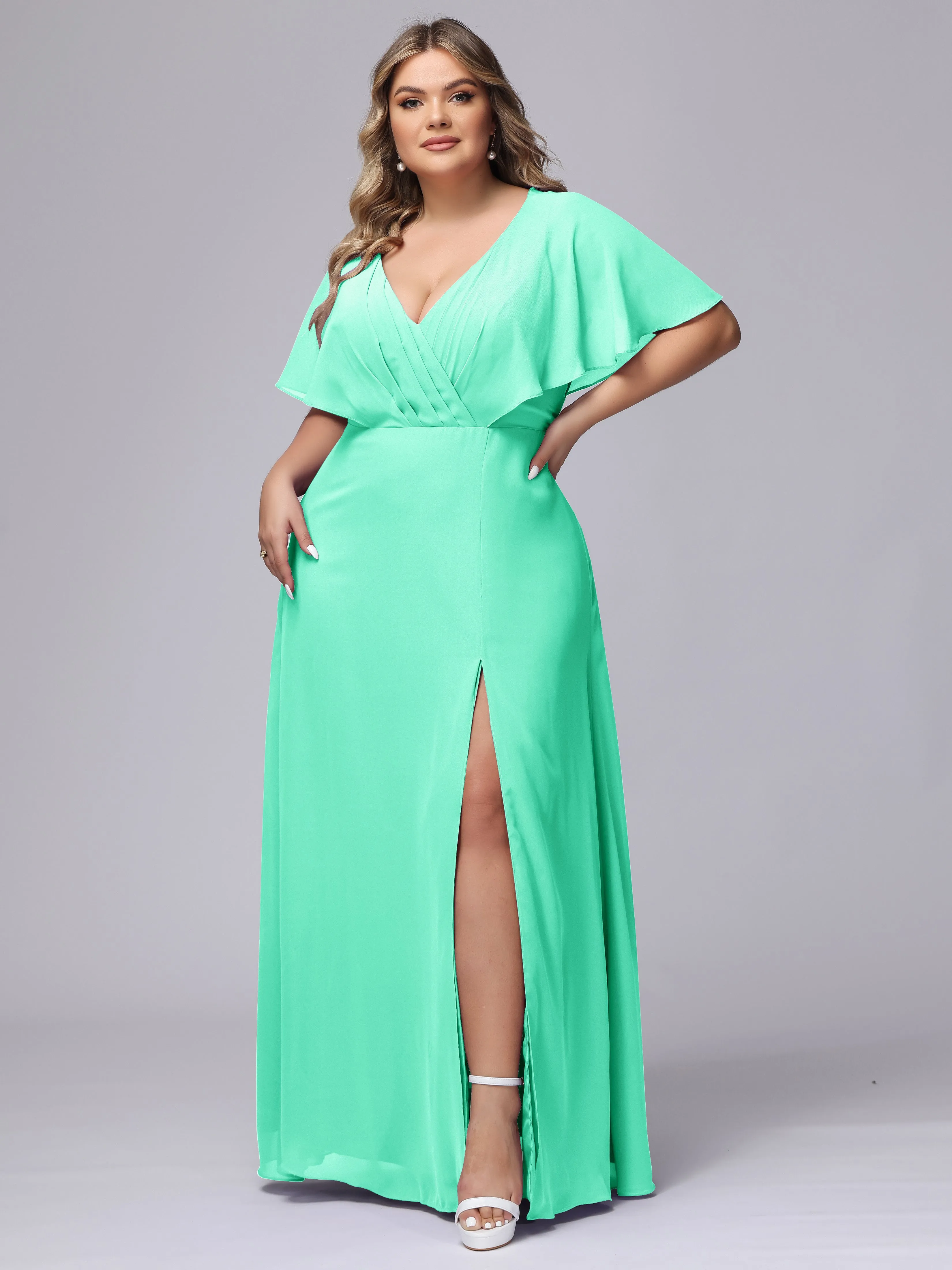 V-Neck Chiffon Short Sleeves Plus Size  Bridesmaid Dresses