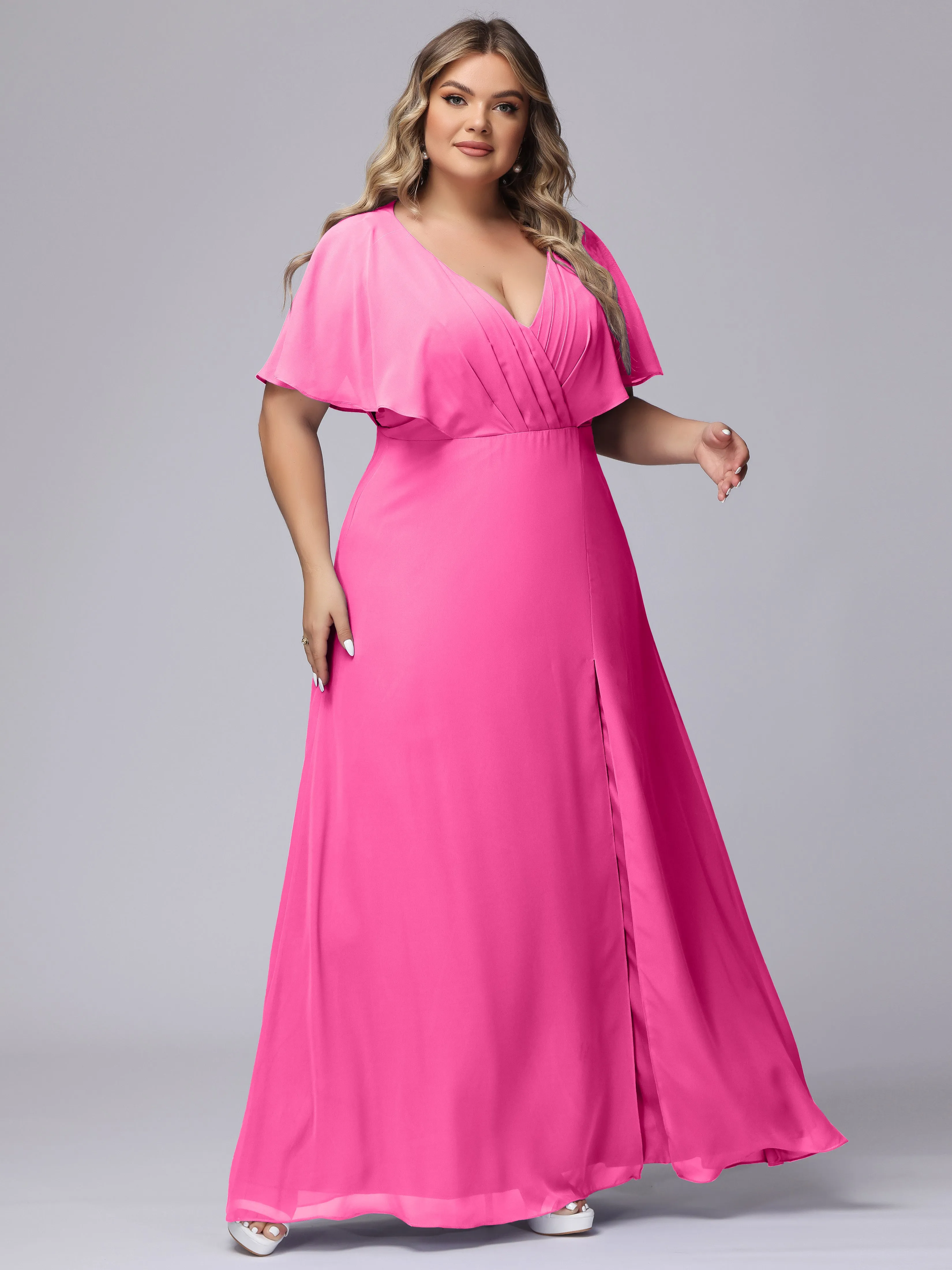 V-Neck Chiffon Short Sleeves Plus Size  Bridesmaid Dresses