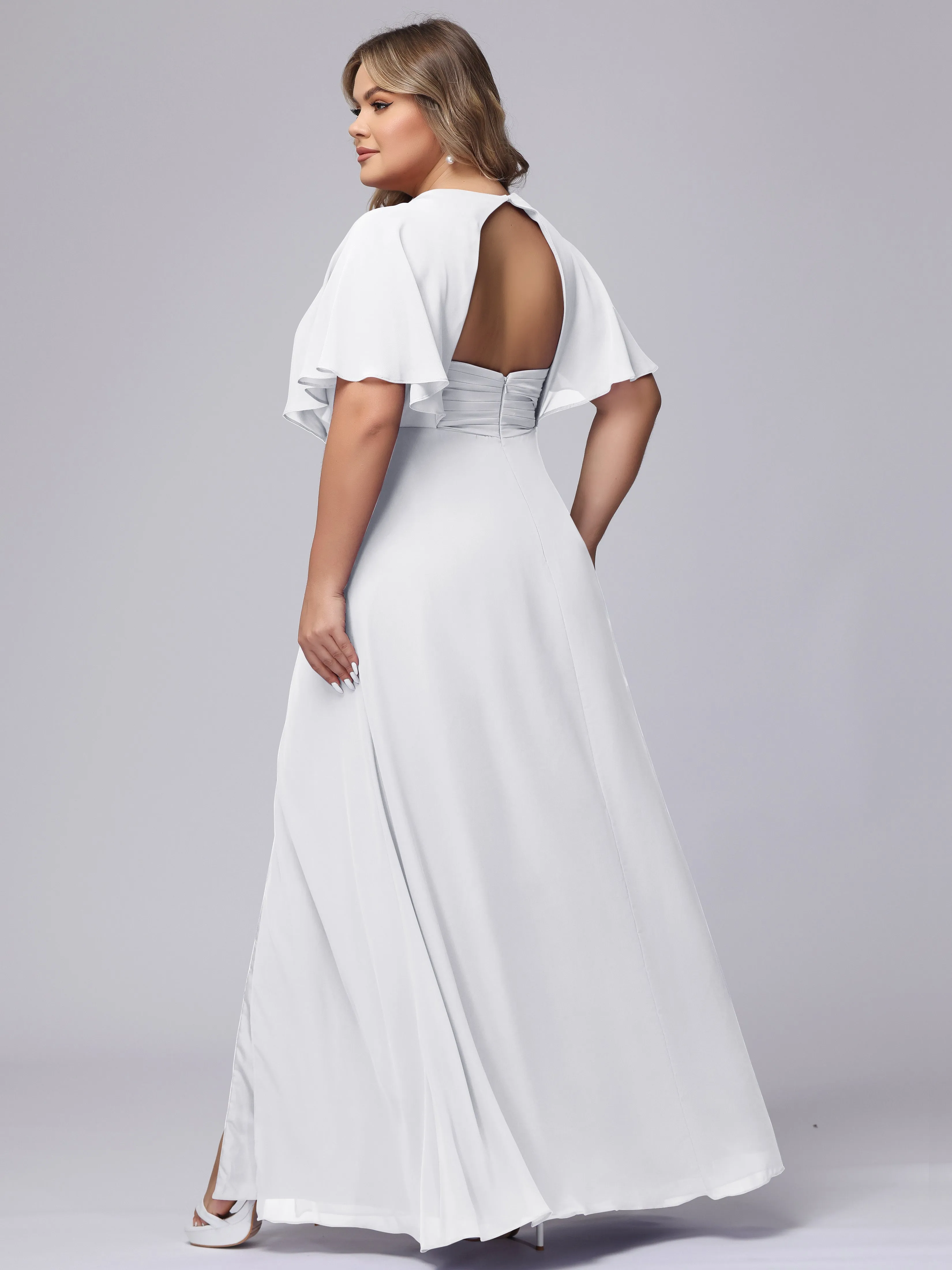 V-Neck Chiffon Short Sleeves Plus Size  Bridesmaid Dresses