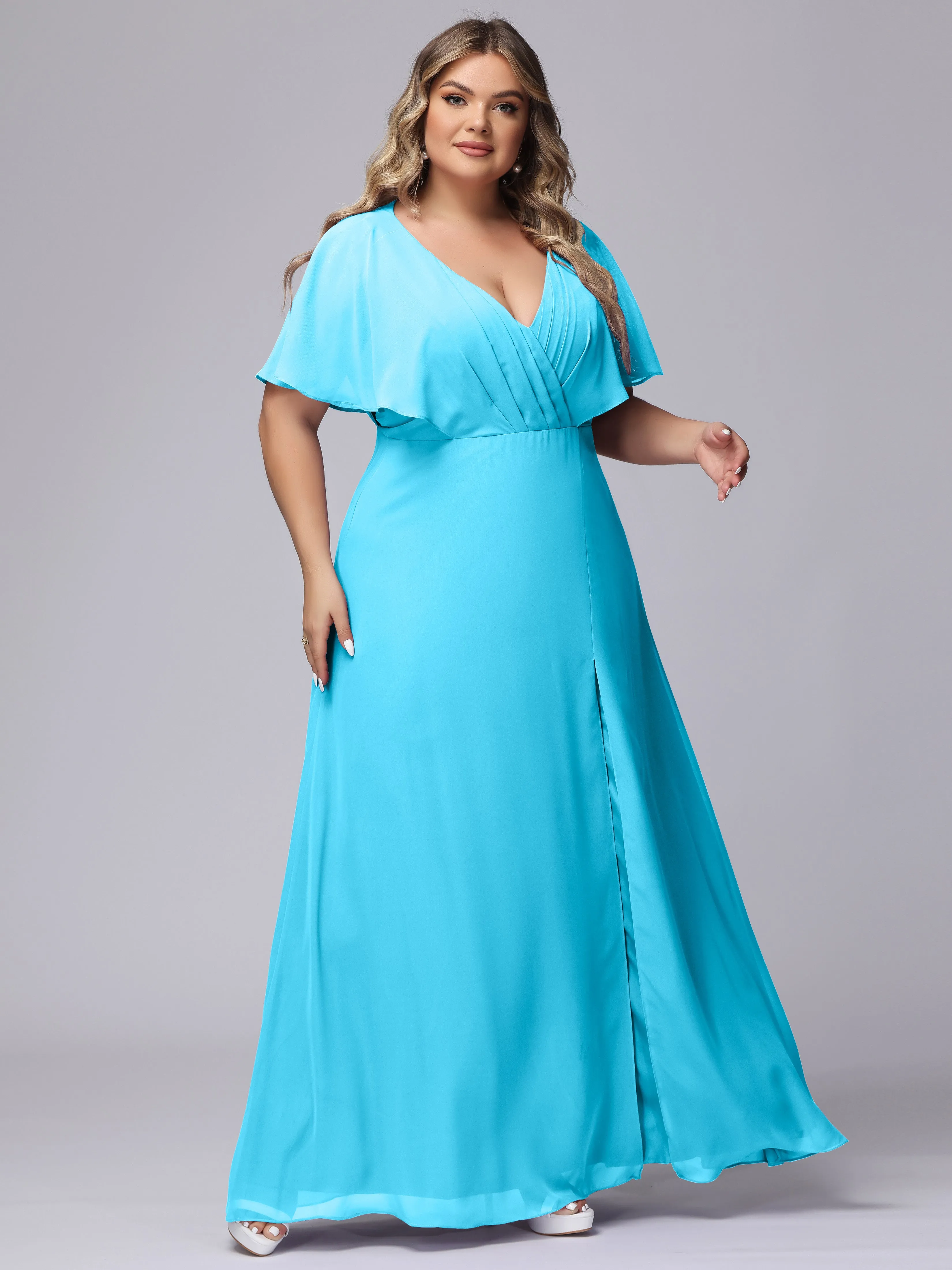 V-Neck Chiffon Short Sleeves Plus Size  Bridesmaid Dresses