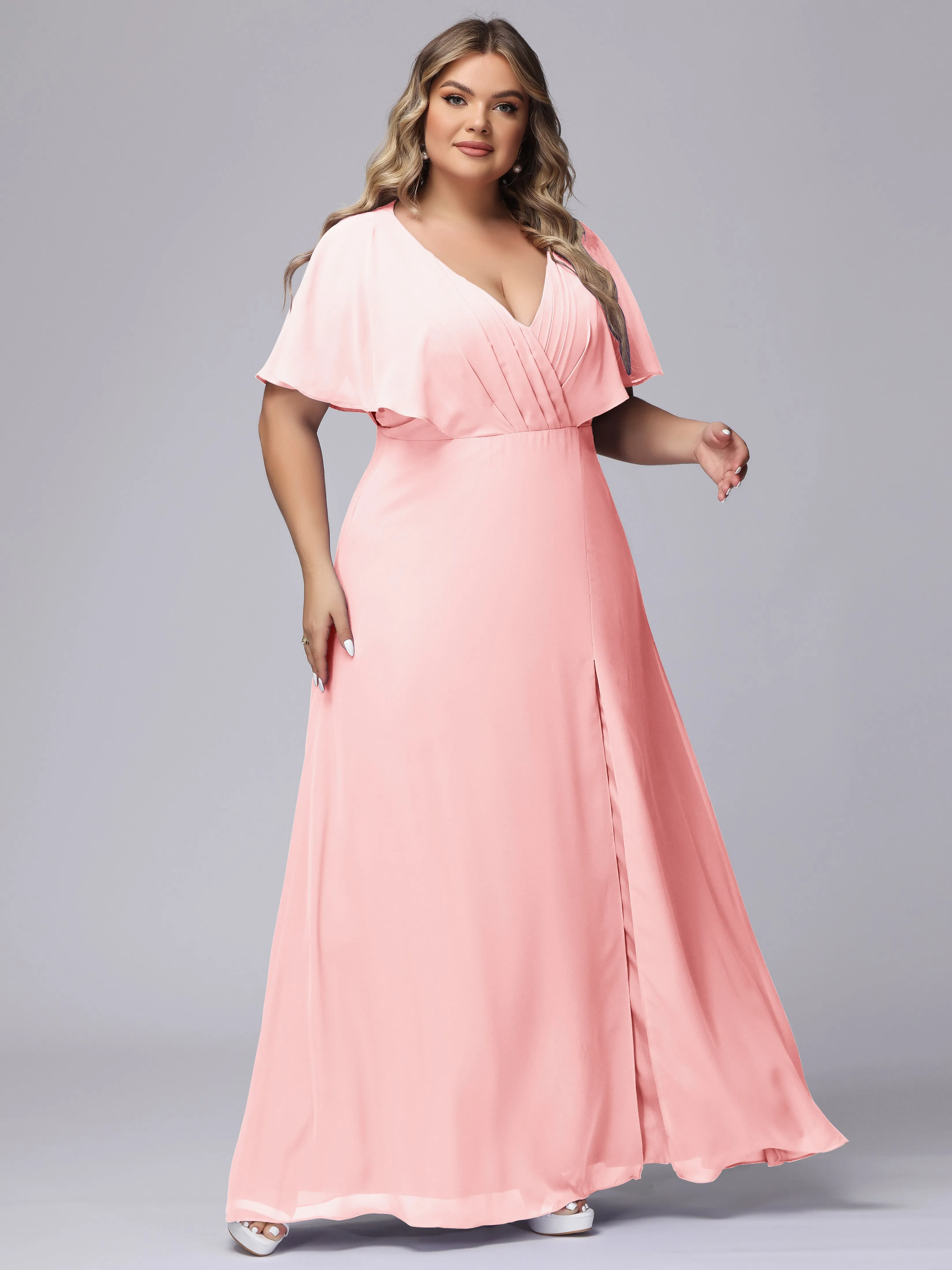 V-Neck Chiffon Short Sleeves Plus Size  Bridesmaid Dresses