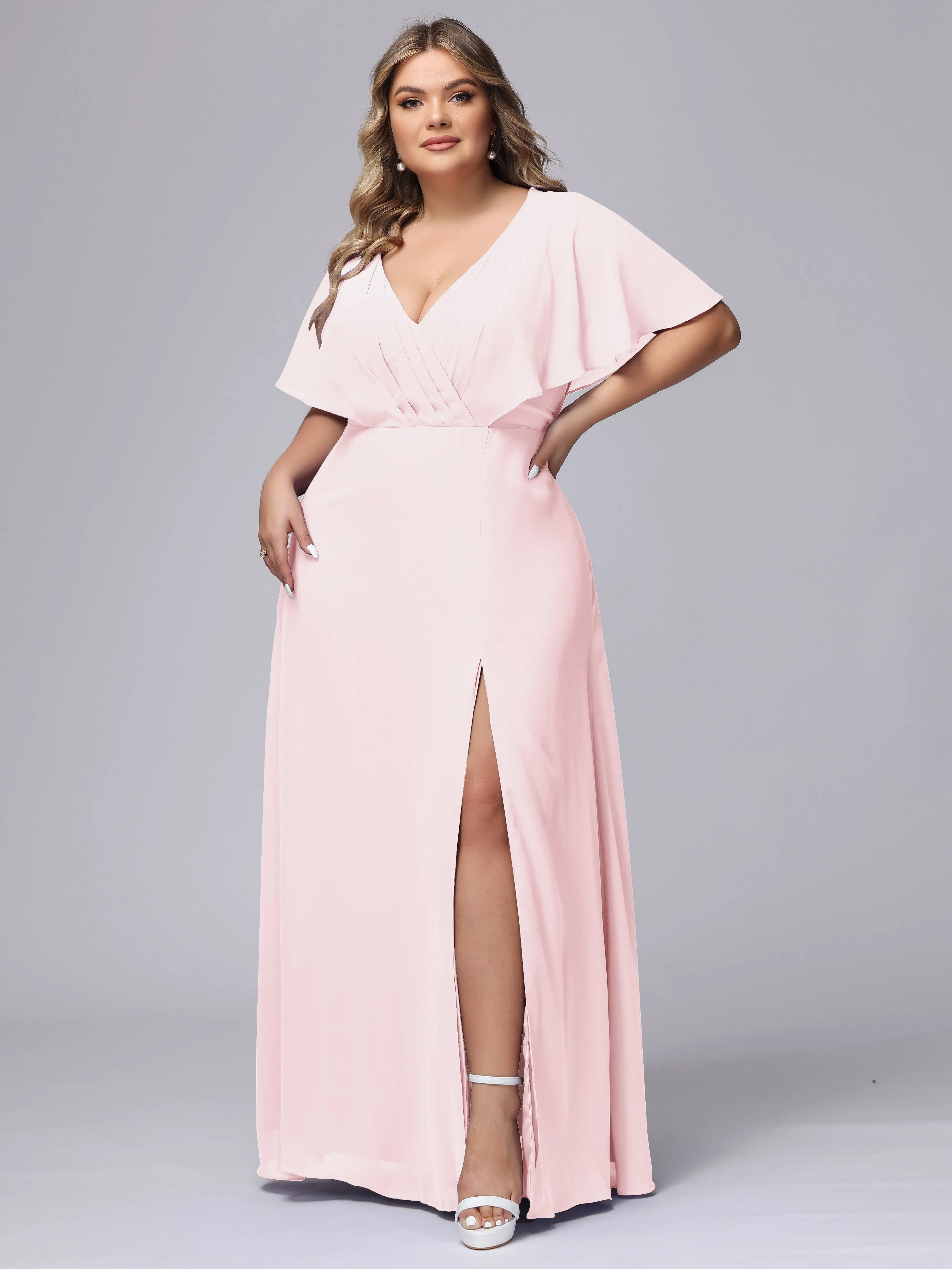 V-Neck Chiffon Short Sleeves Plus Size  Bridesmaid Dresses