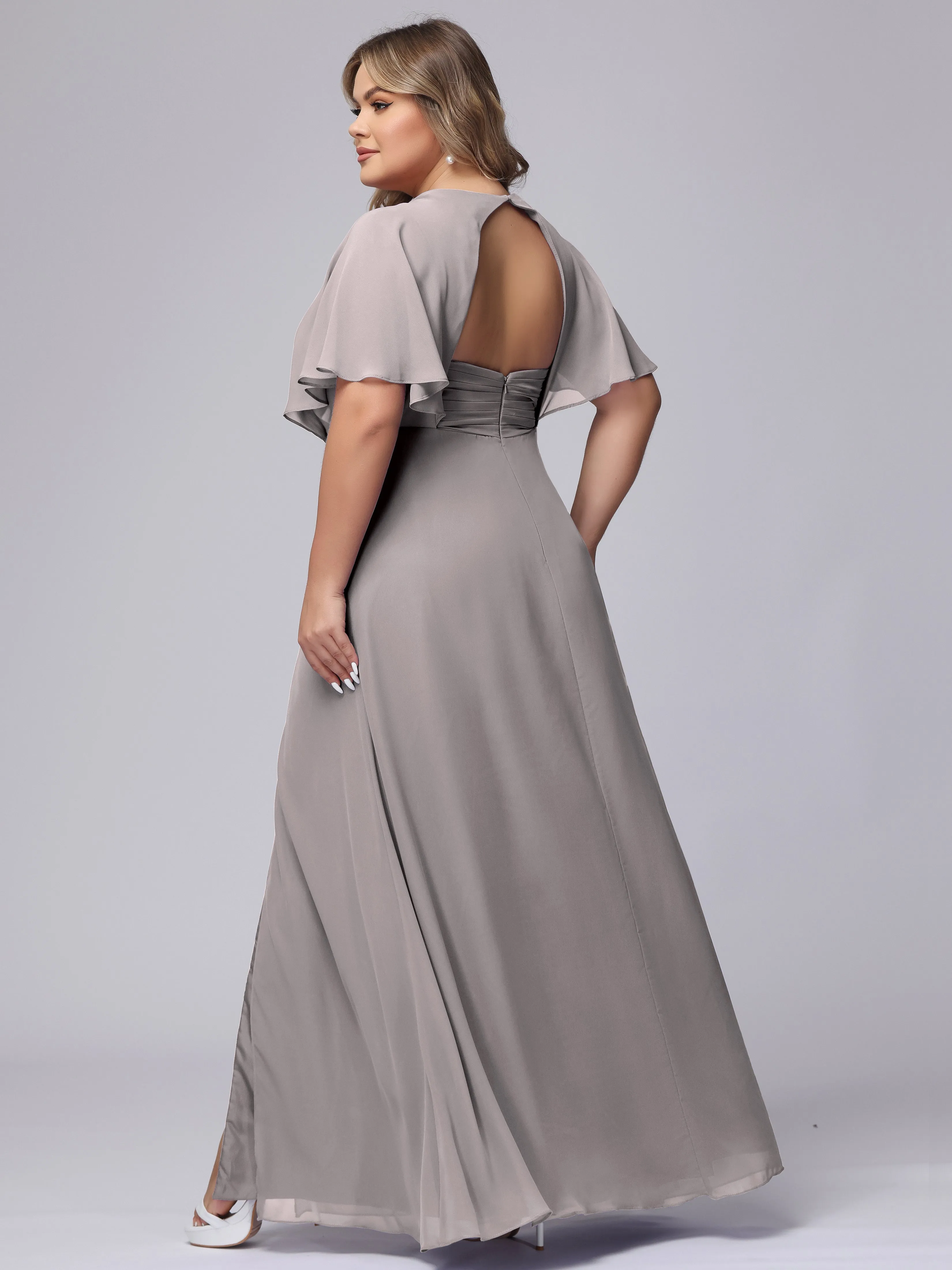 V-Neck Chiffon Short Sleeves Plus Size  Bridesmaid Dresses