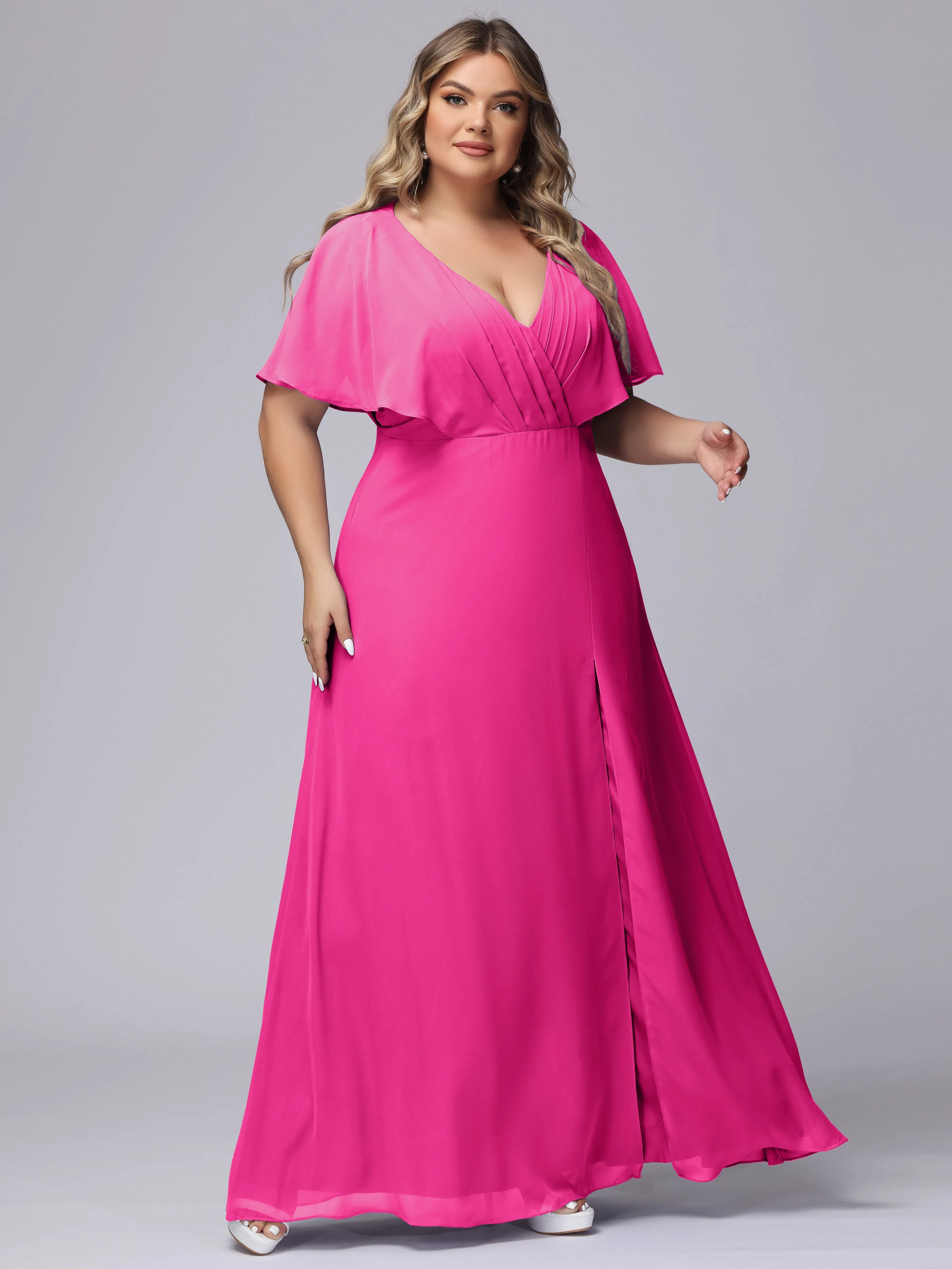 V-Neck Chiffon Short Sleeves Plus Size  Bridesmaid Dresses