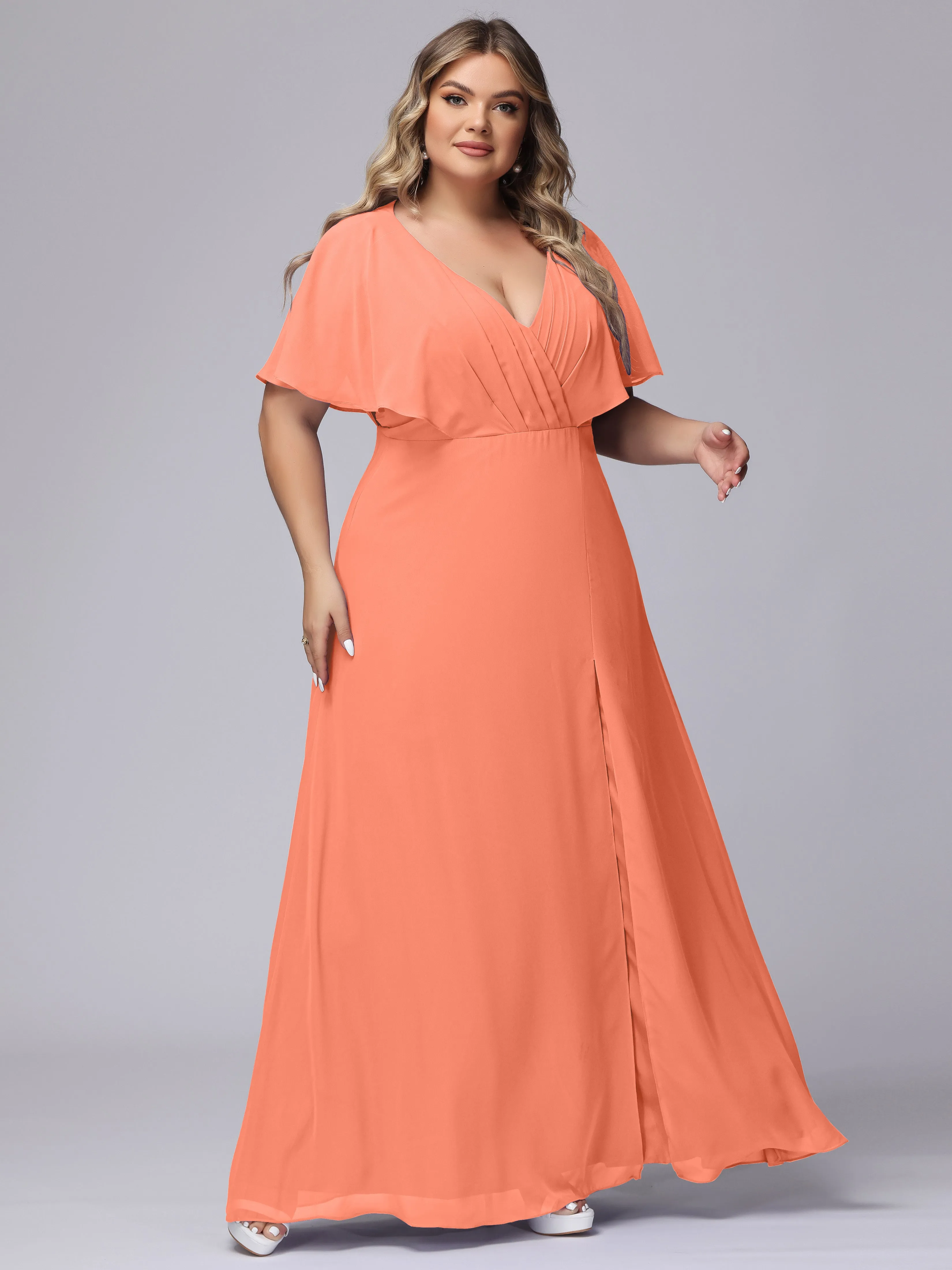 V-Neck Chiffon Short Sleeves Plus Size  Bridesmaid Dresses
