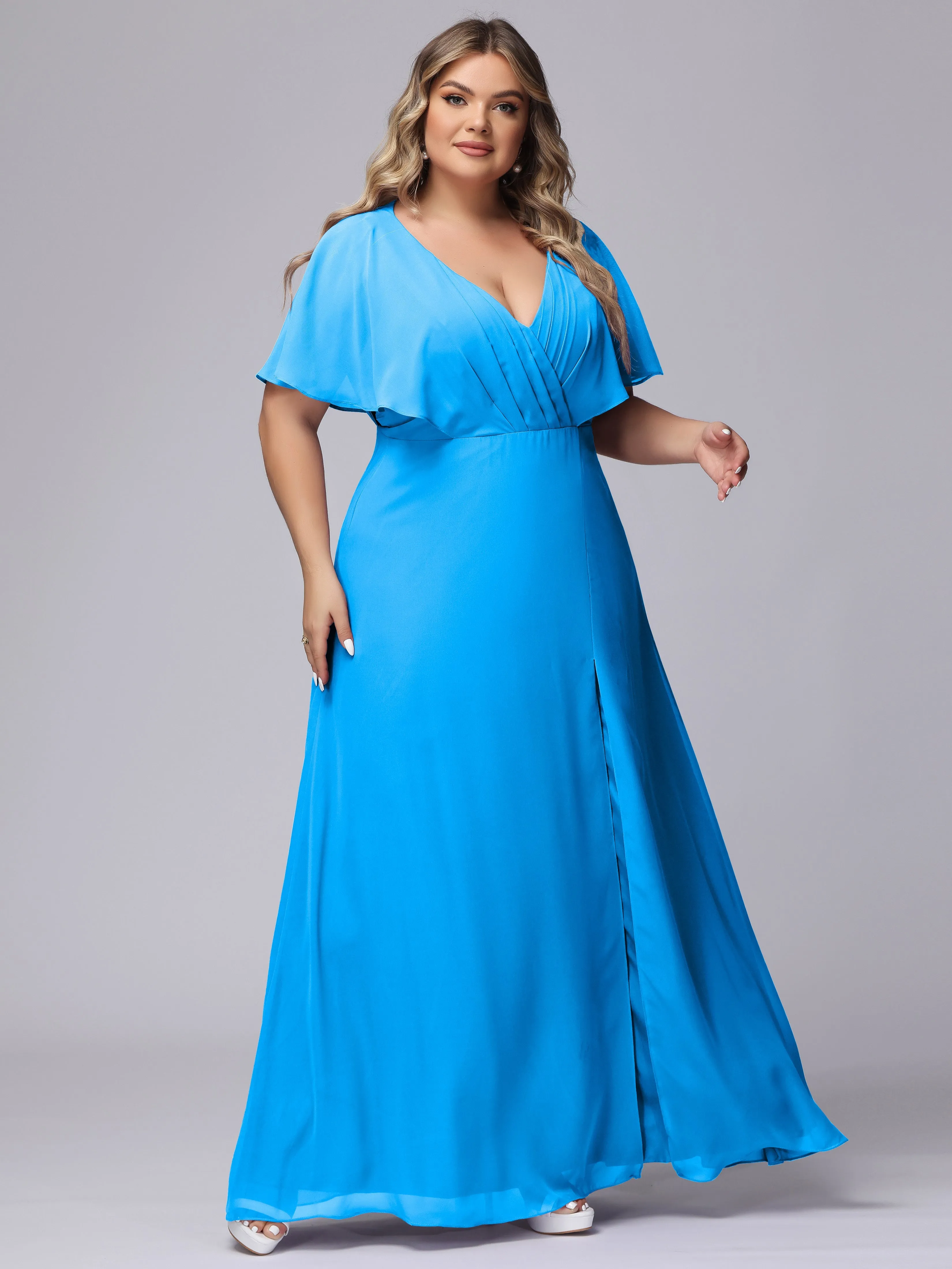 V-Neck Chiffon Short Sleeves Plus Size  Bridesmaid Dresses