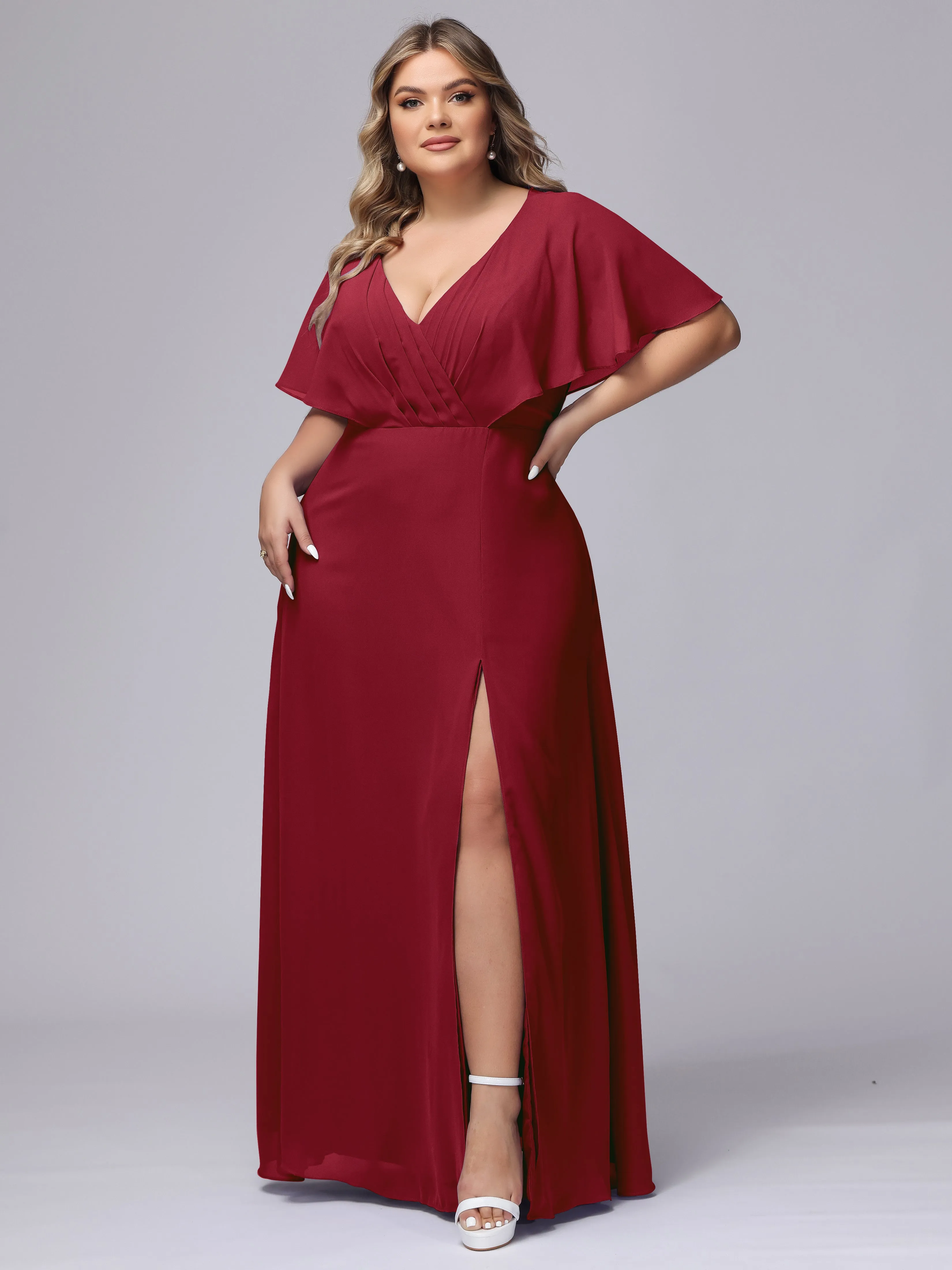 V-Neck Chiffon Short Sleeves Plus Size  Bridesmaid Dresses