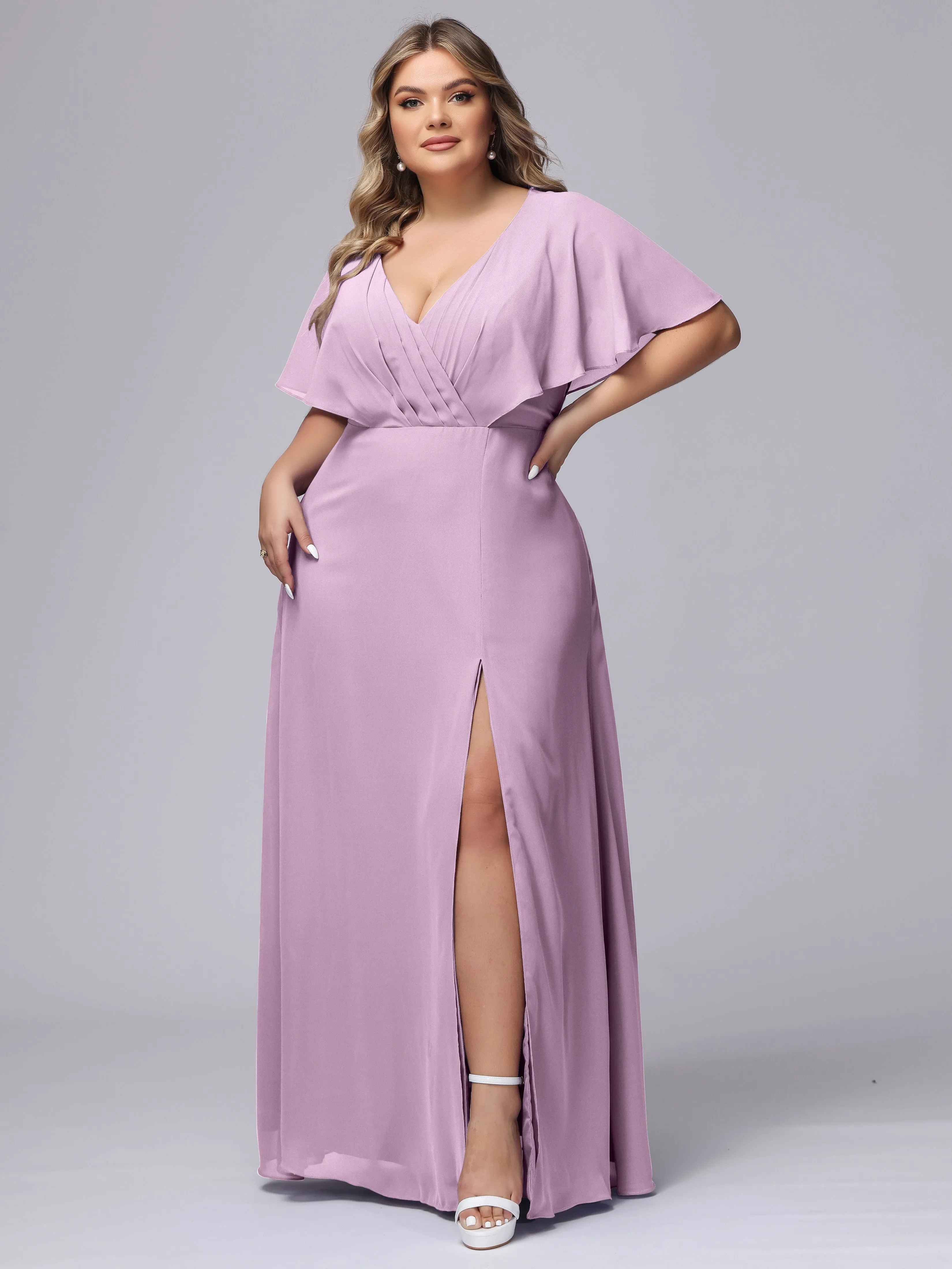 V-Neck Chiffon Short Sleeves Plus Size  Bridesmaid Dresses