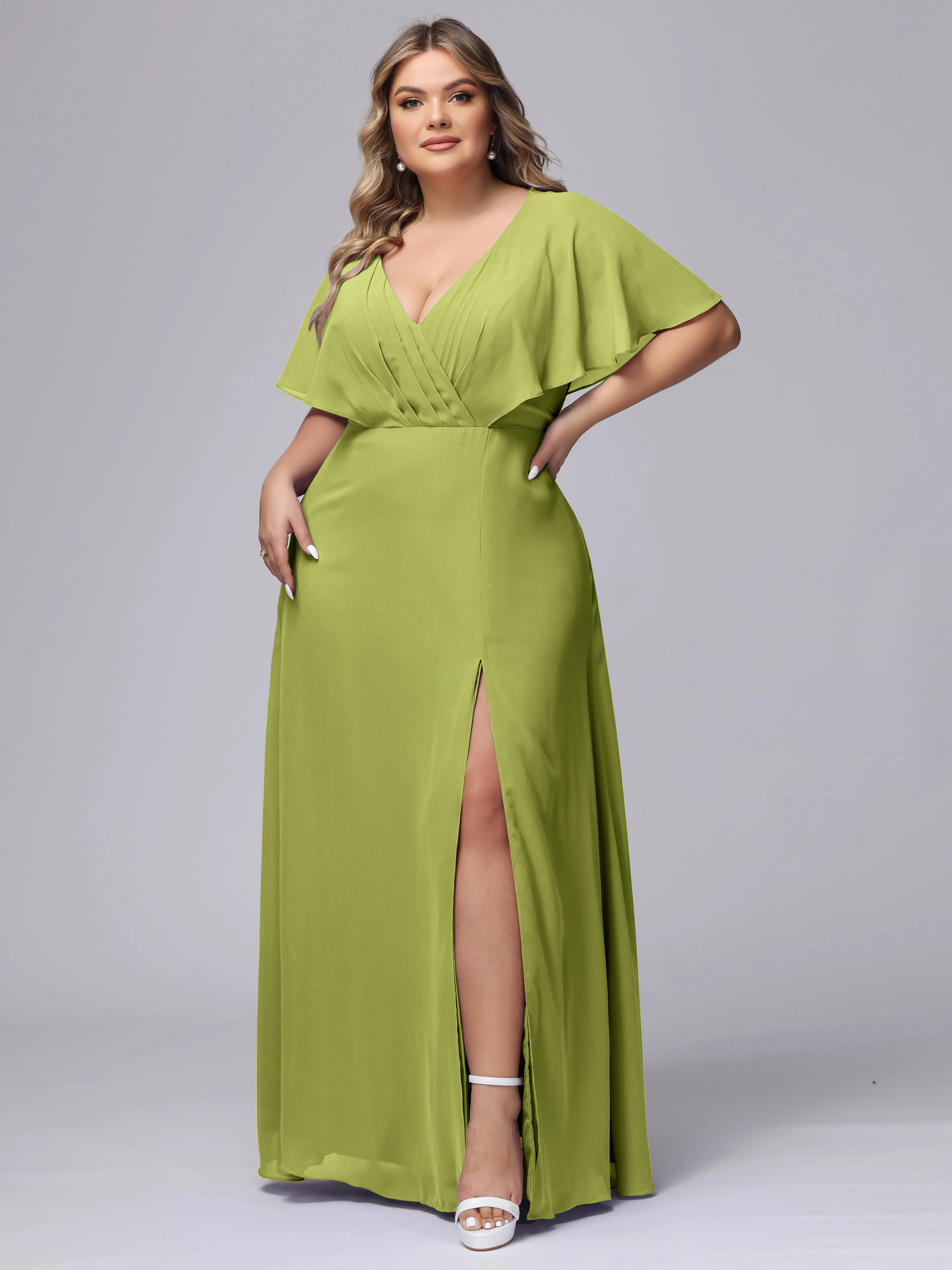 V-Neck Chiffon Short Sleeves Plus Size  Bridesmaid Dresses