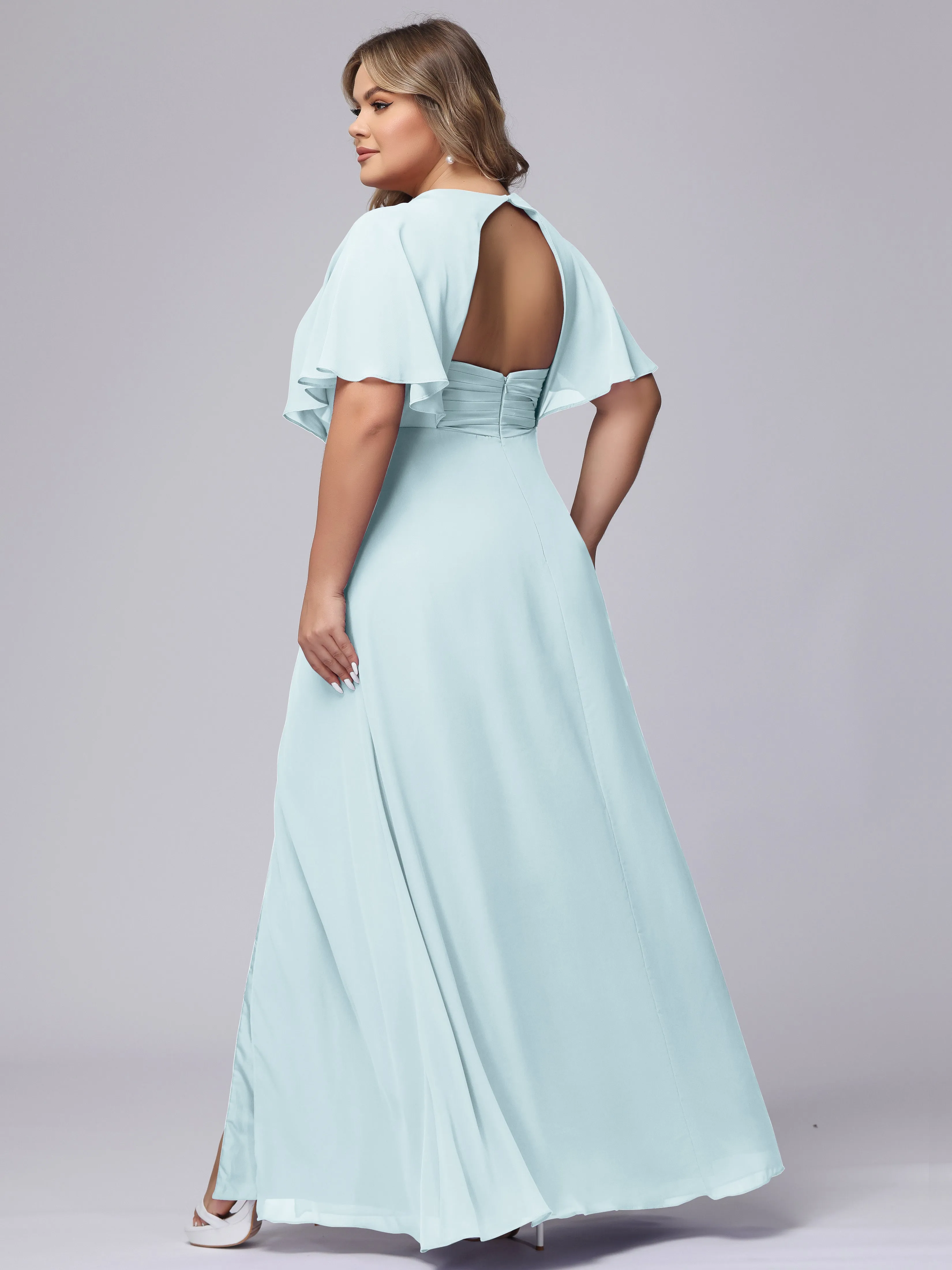 V-Neck Chiffon Short Sleeves Plus Size  Bridesmaid Dresses