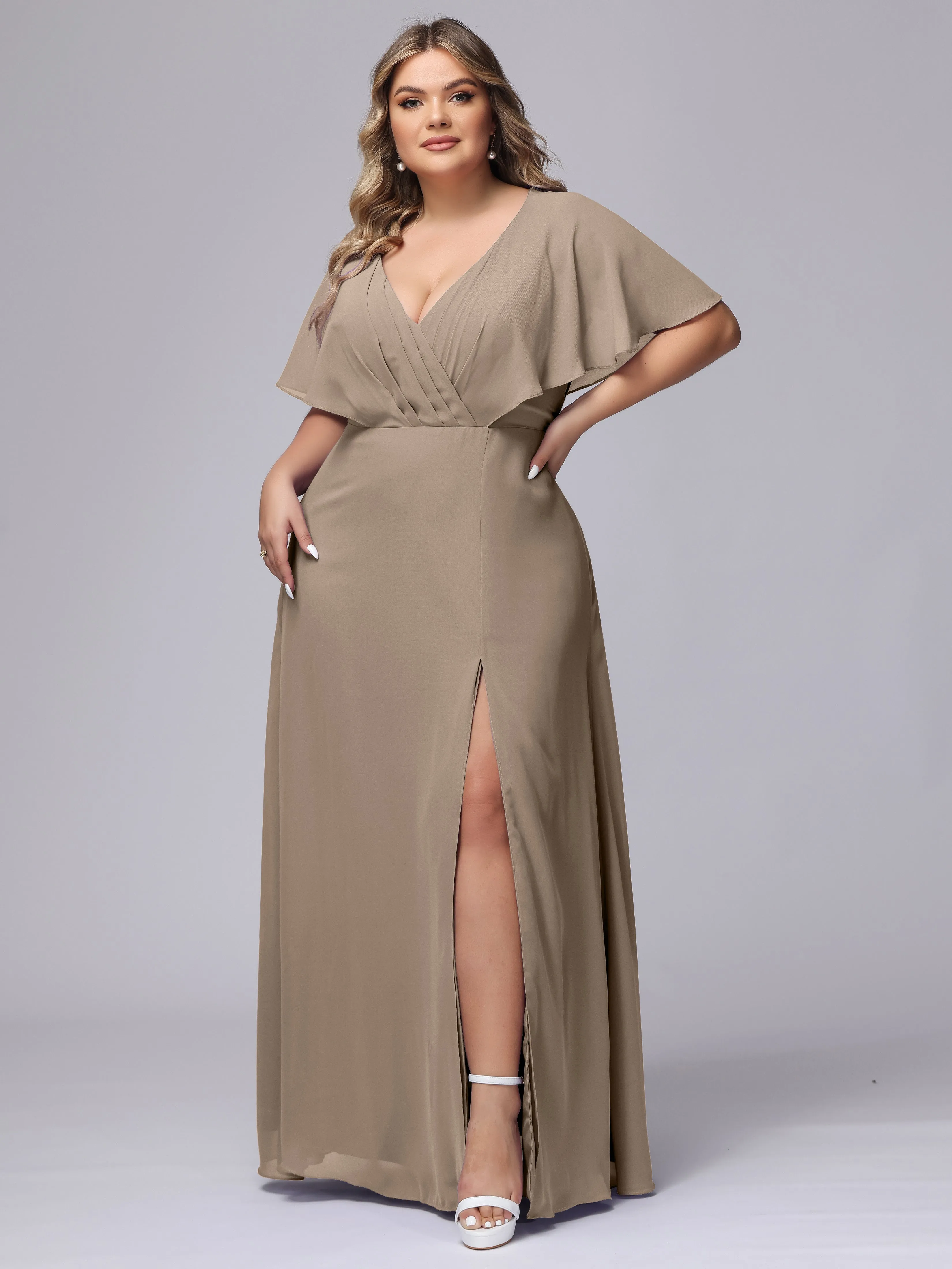 V-Neck Chiffon Short Sleeves Plus Size  Bridesmaid Dresses