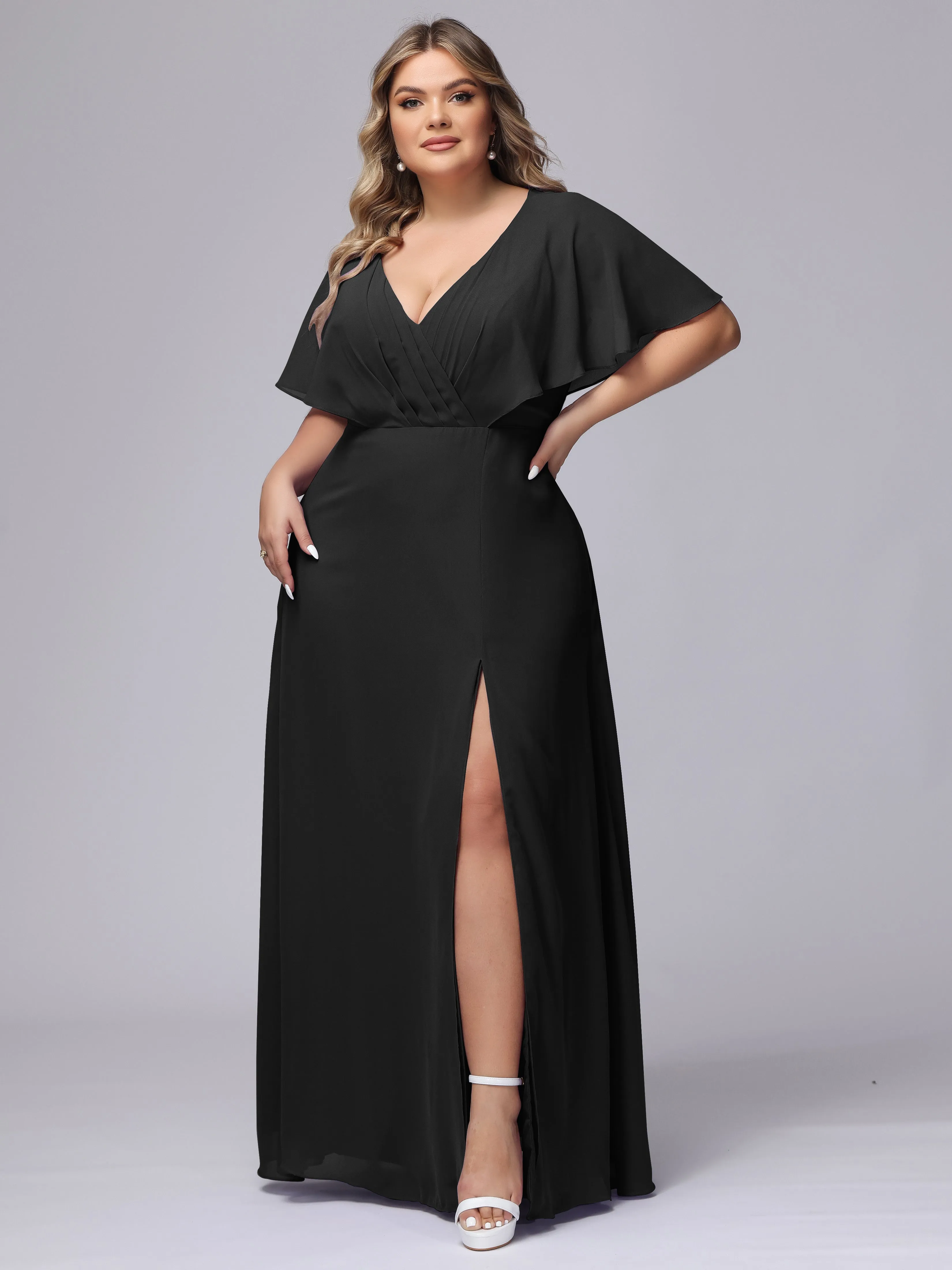 V-Neck Chiffon Short Sleeves Plus Size  Bridesmaid Dresses