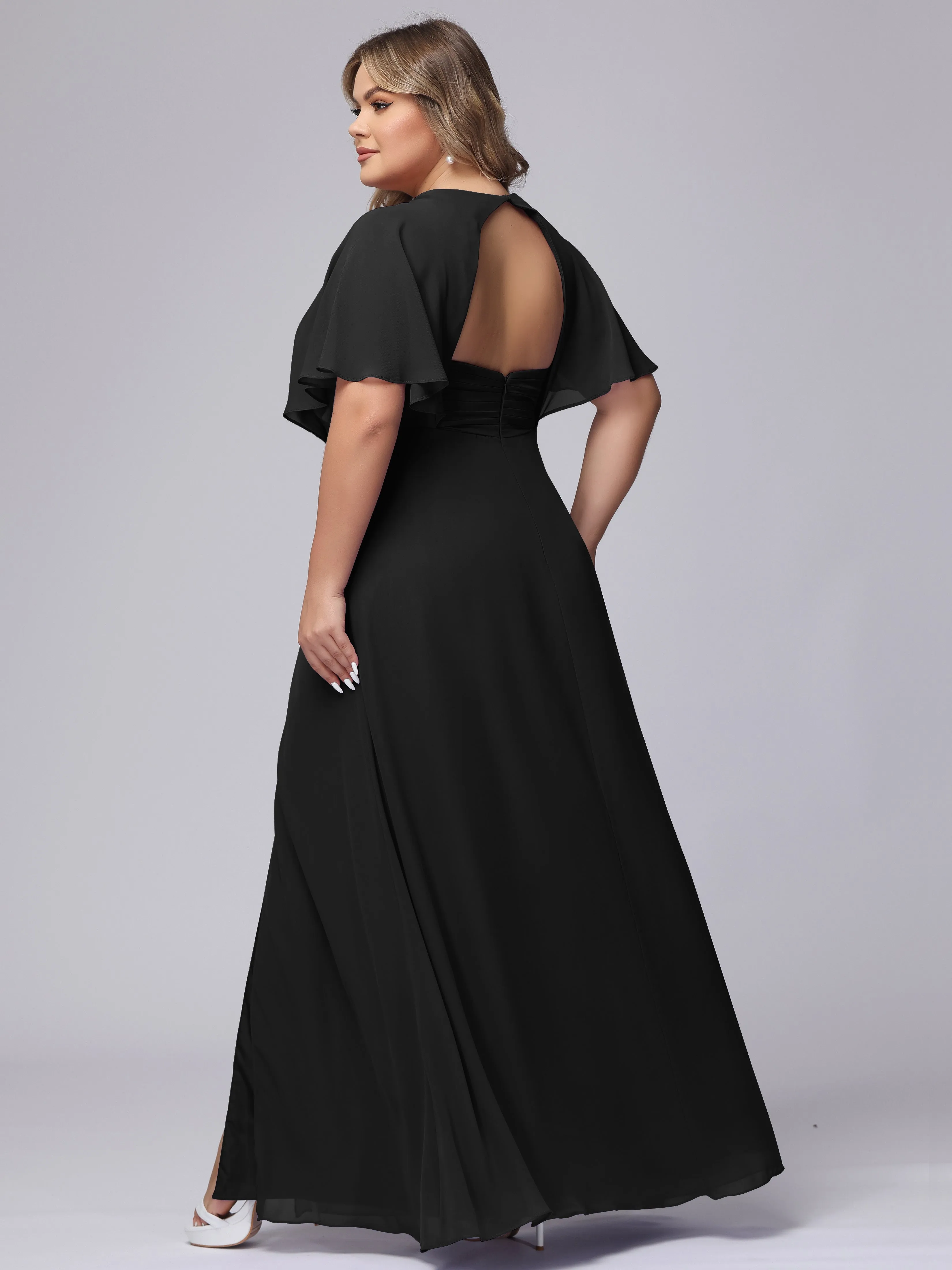 V-Neck Chiffon Short Sleeves Plus Size  Bridesmaid Dresses