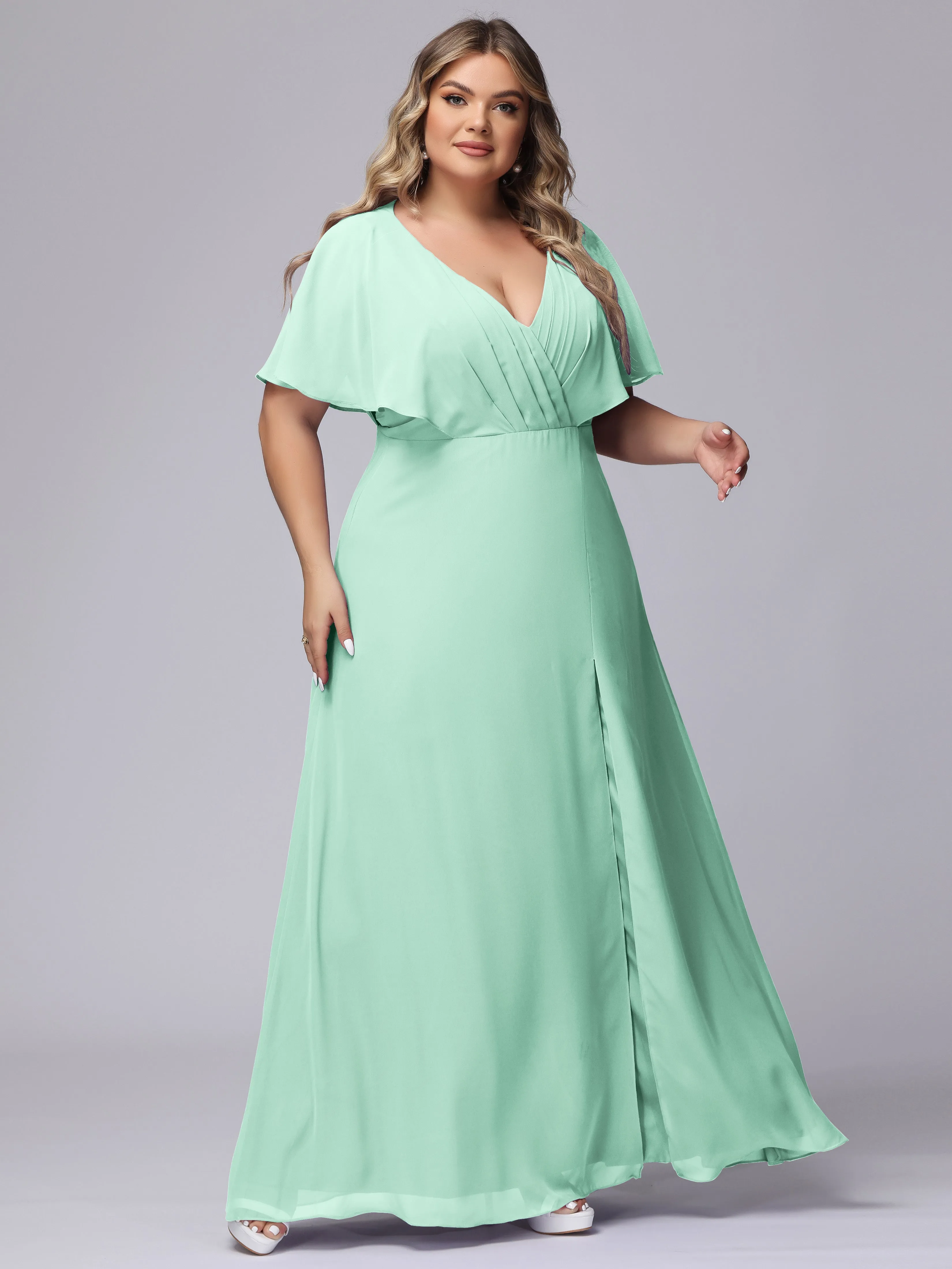 V-Neck Chiffon Short Sleeves Plus Size  Bridesmaid Dresses