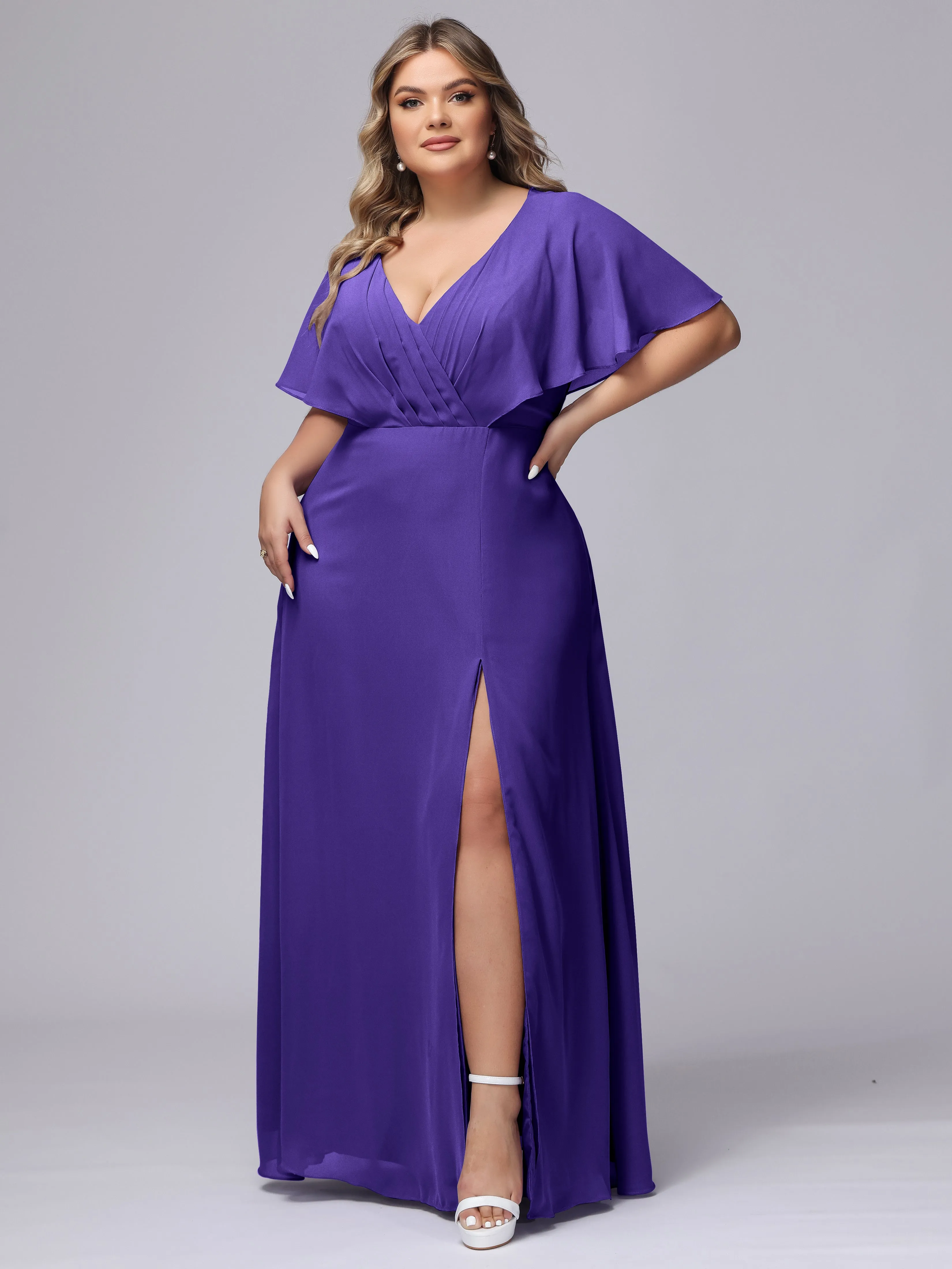 V-Neck Chiffon Short Sleeves Plus Size  Bridesmaid Dresses