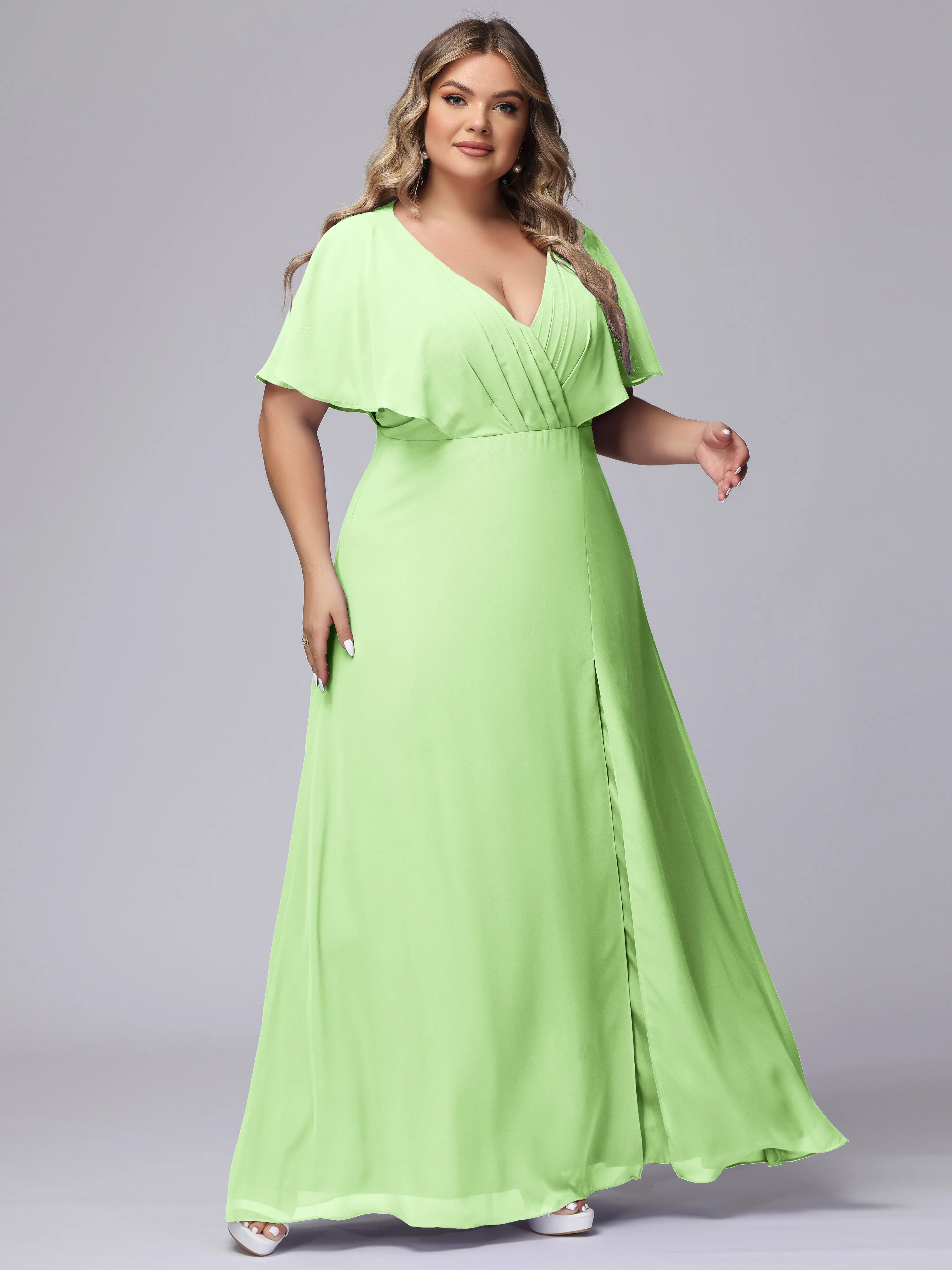 V-Neck Chiffon Short Sleeves Plus Size  Bridesmaid Dresses
