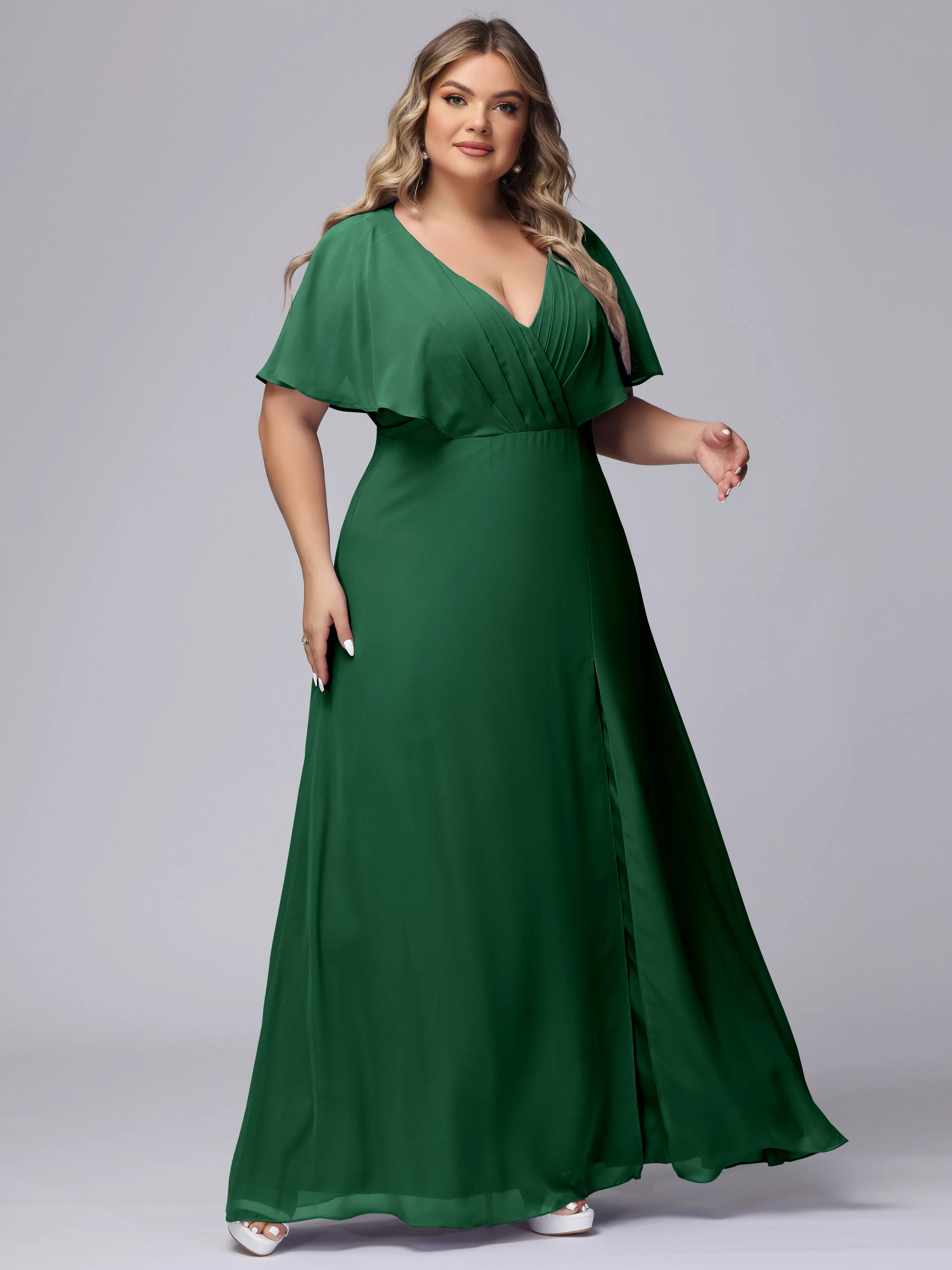 V-Neck Chiffon Short Sleeves Plus Size  Bridesmaid Dresses