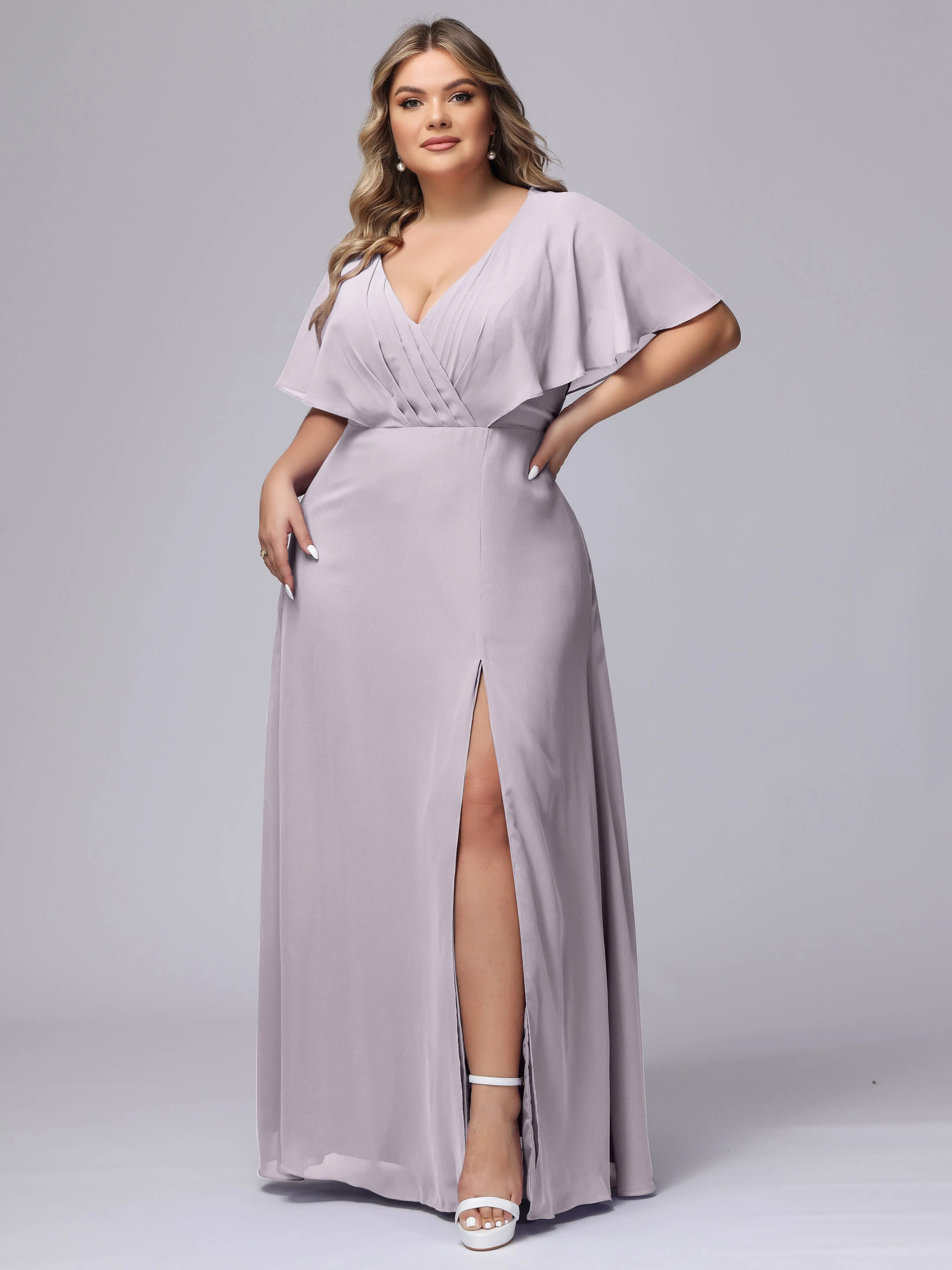 V-Neck Chiffon Short Sleeves Plus Size  Bridesmaid Dresses