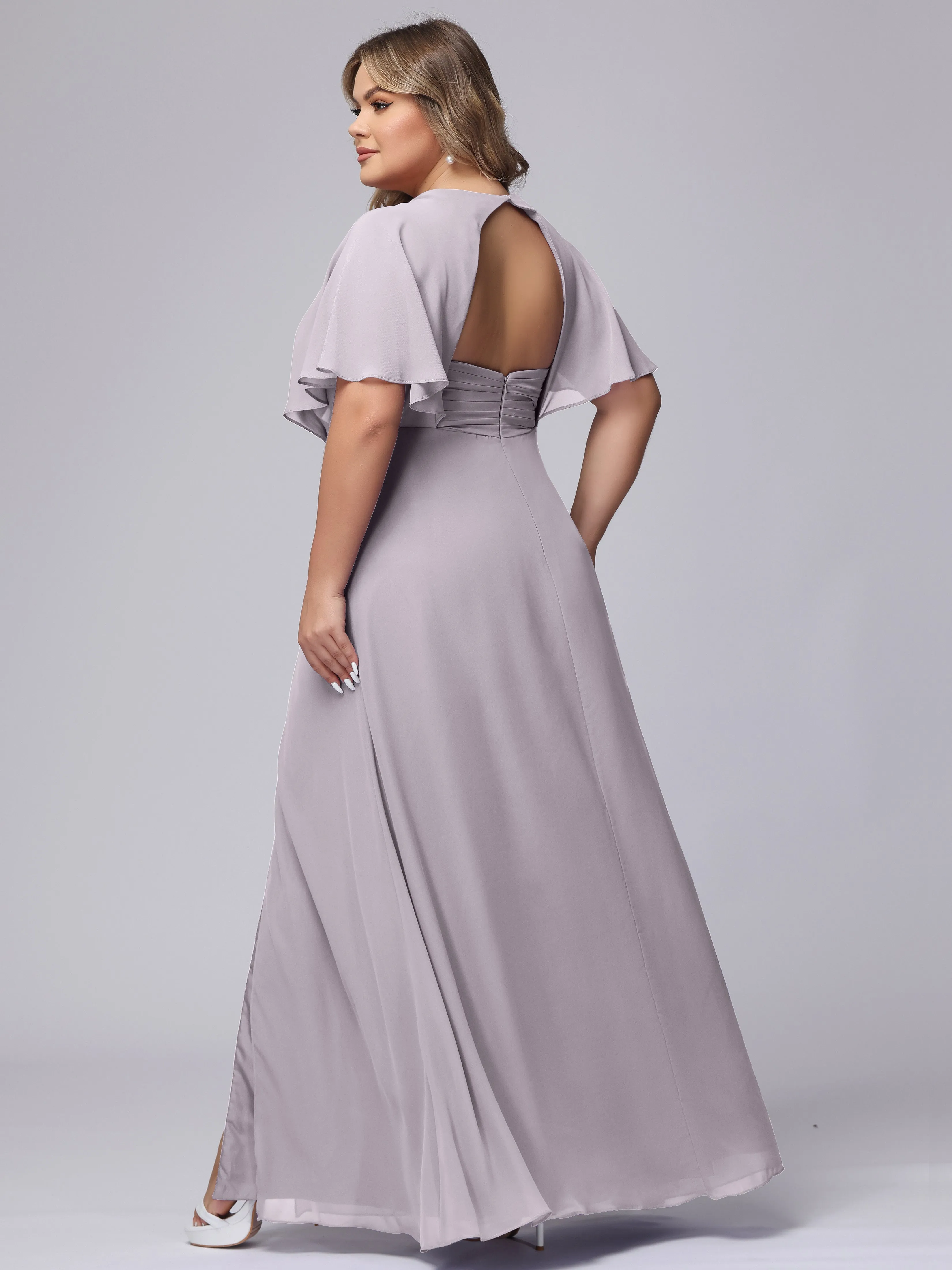V-Neck Chiffon Short Sleeves Plus Size  Bridesmaid Dresses