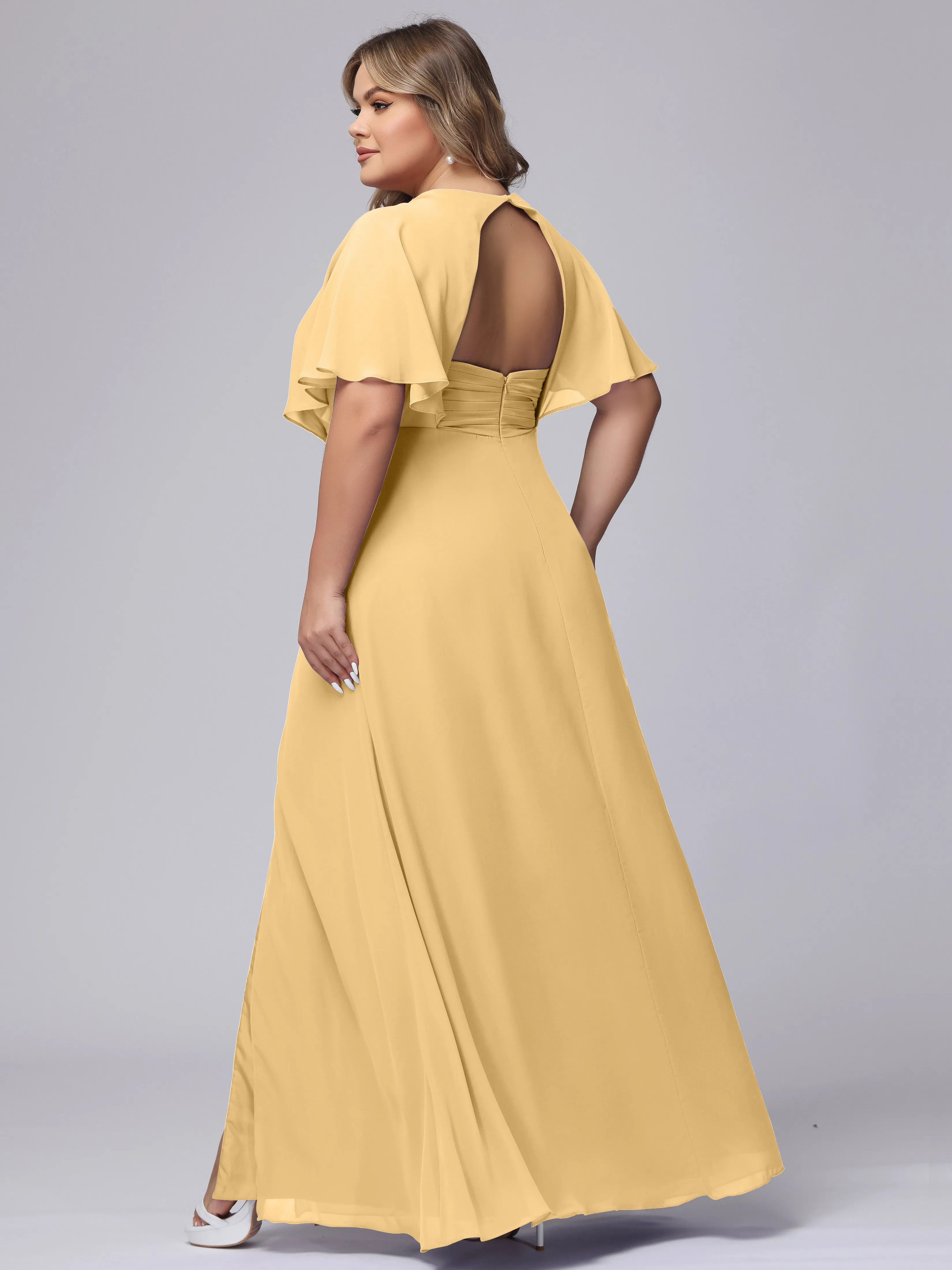 V-Neck Chiffon Short Sleeves Plus Size  Bridesmaid Dresses
