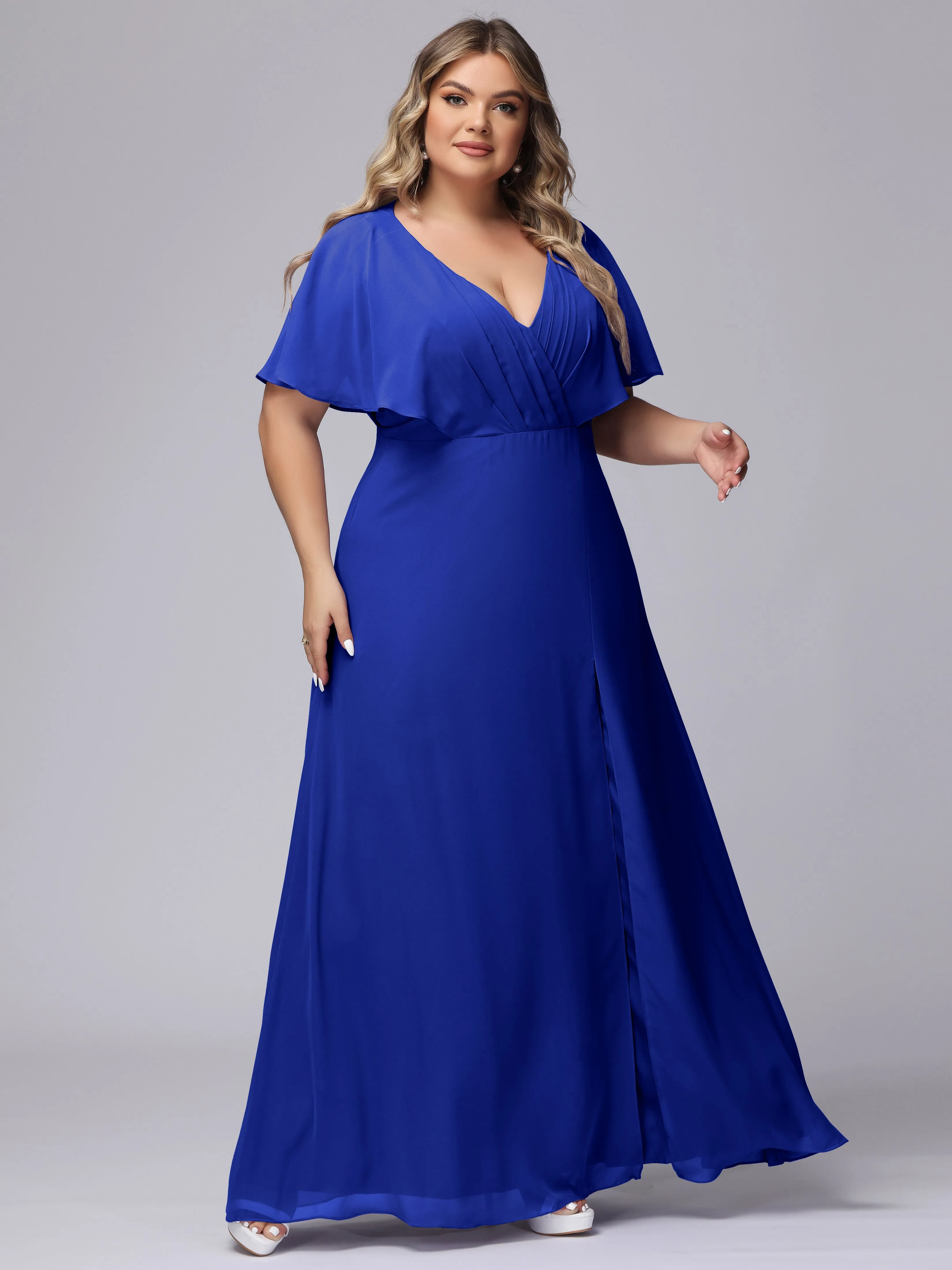 V-Neck Chiffon Short Sleeves Plus Size  Bridesmaid Dresses