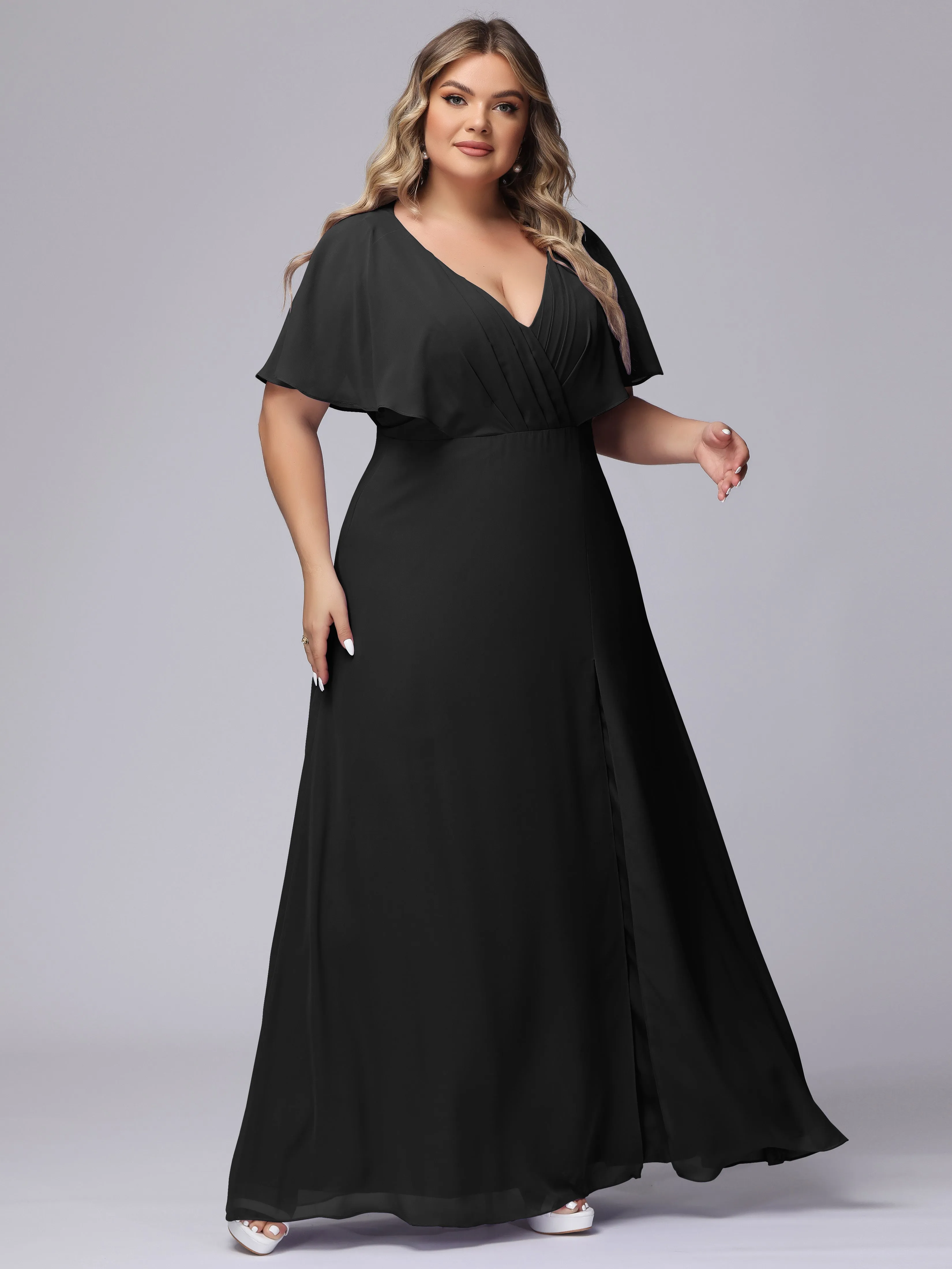 V-Neck Chiffon Short Sleeves Plus Size  Bridesmaid Dresses