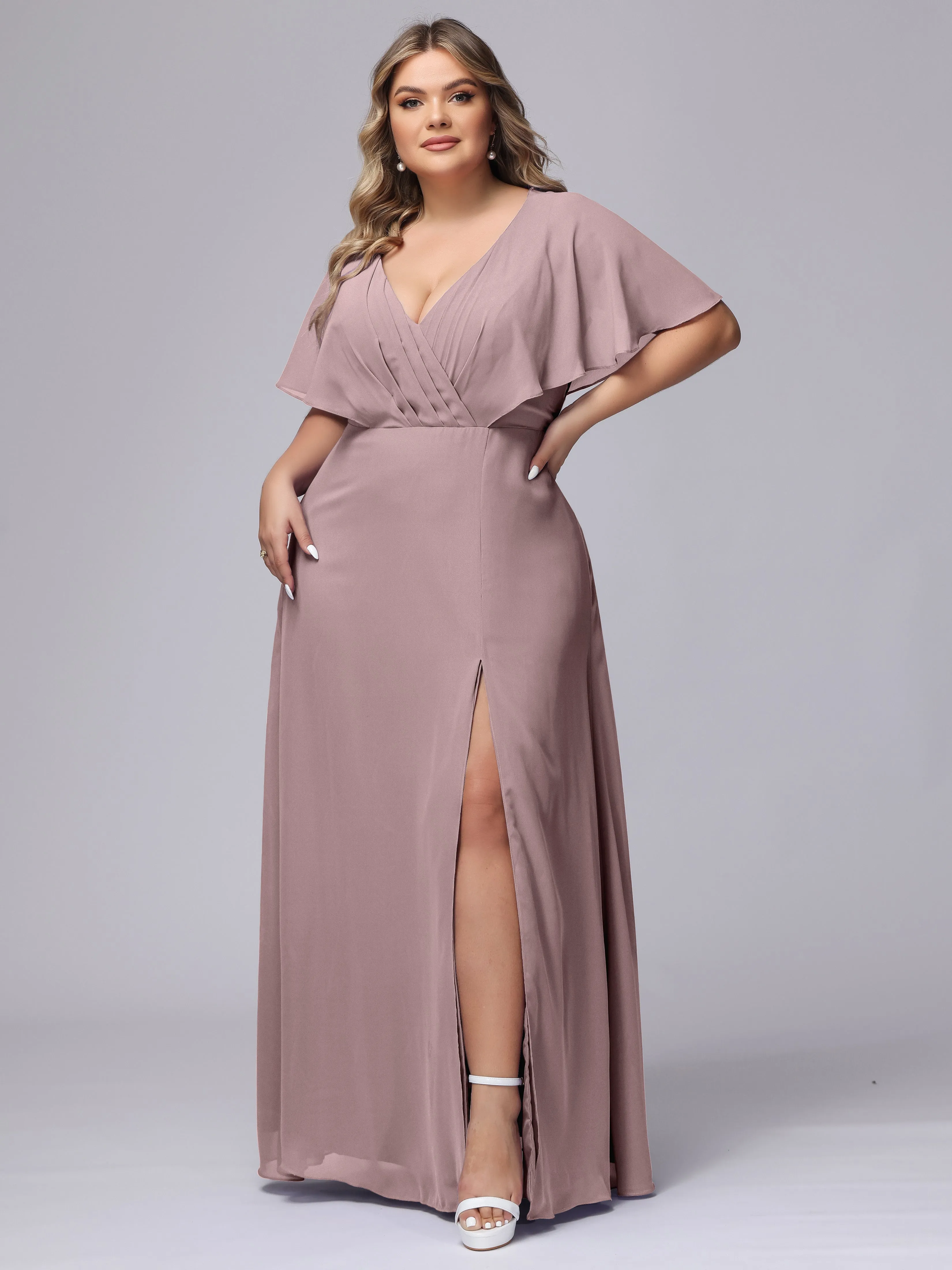 V-Neck Chiffon Short Sleeves Plus Size  Bridesmaid Dresses