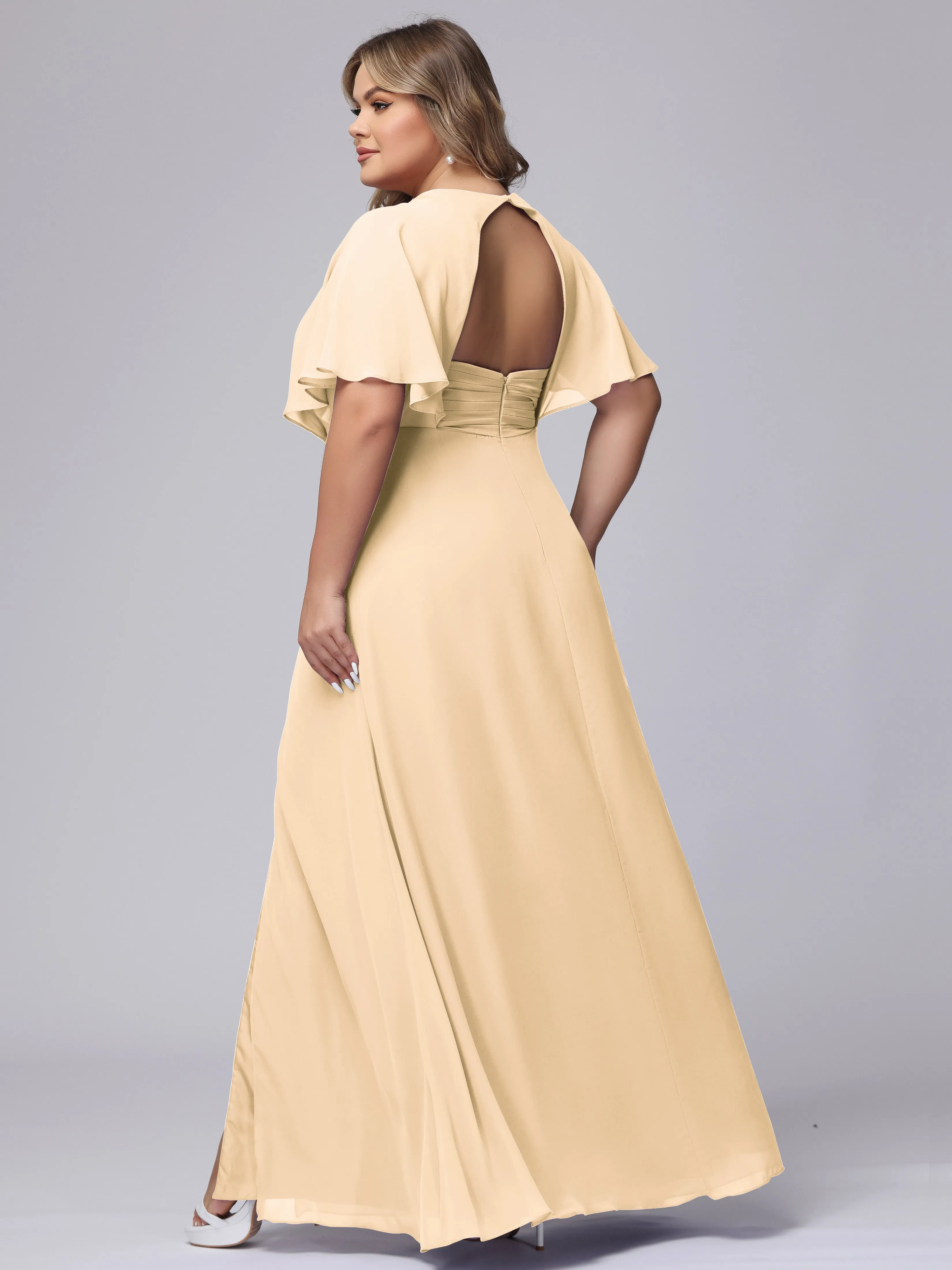 V-Neck Chiffon Short Sleeves Plus Size  Bridesmaid Dresses