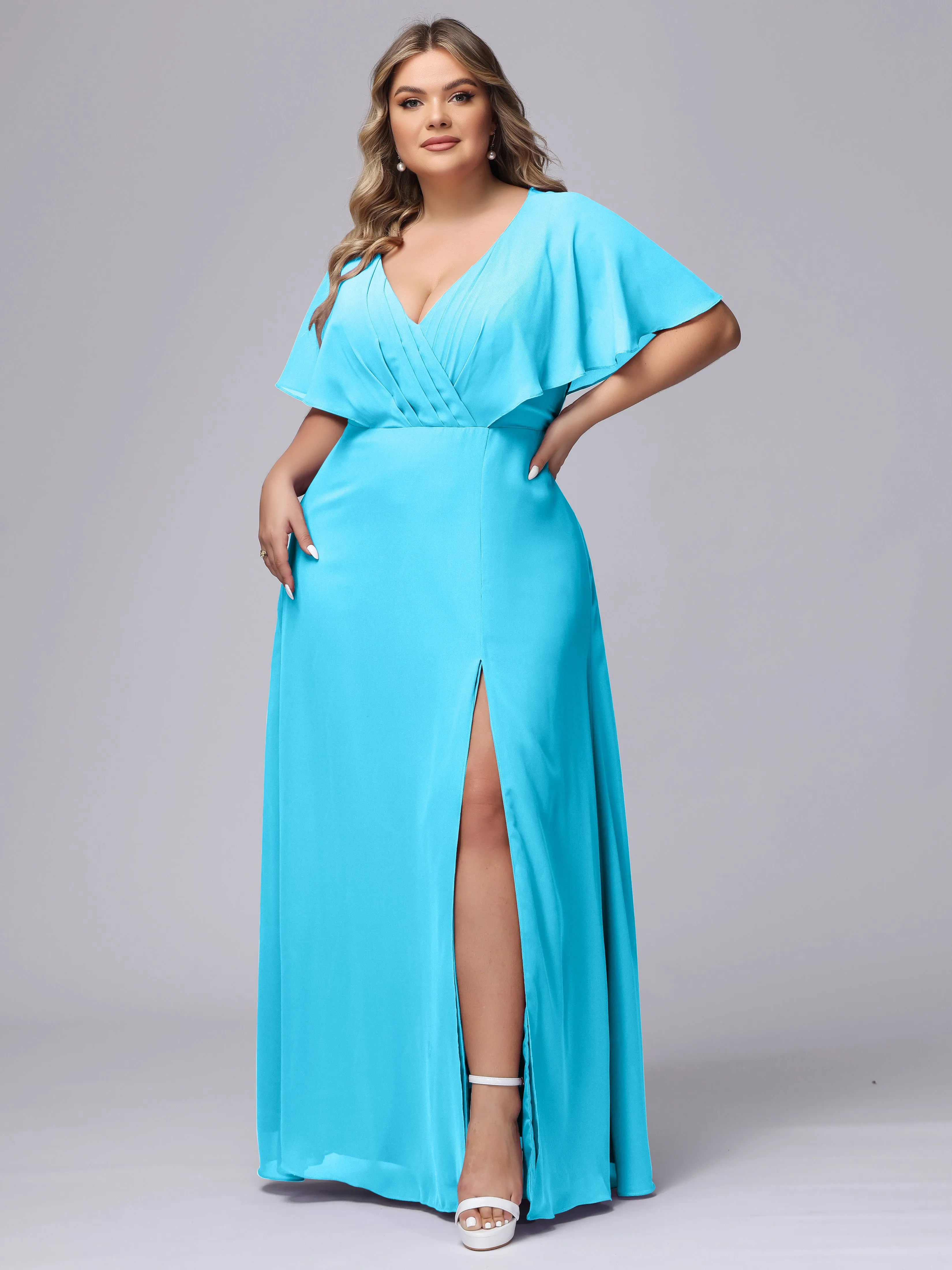 V-Neck Chiffon Short Sleeves Plus Size  Bridesmaid Dresses