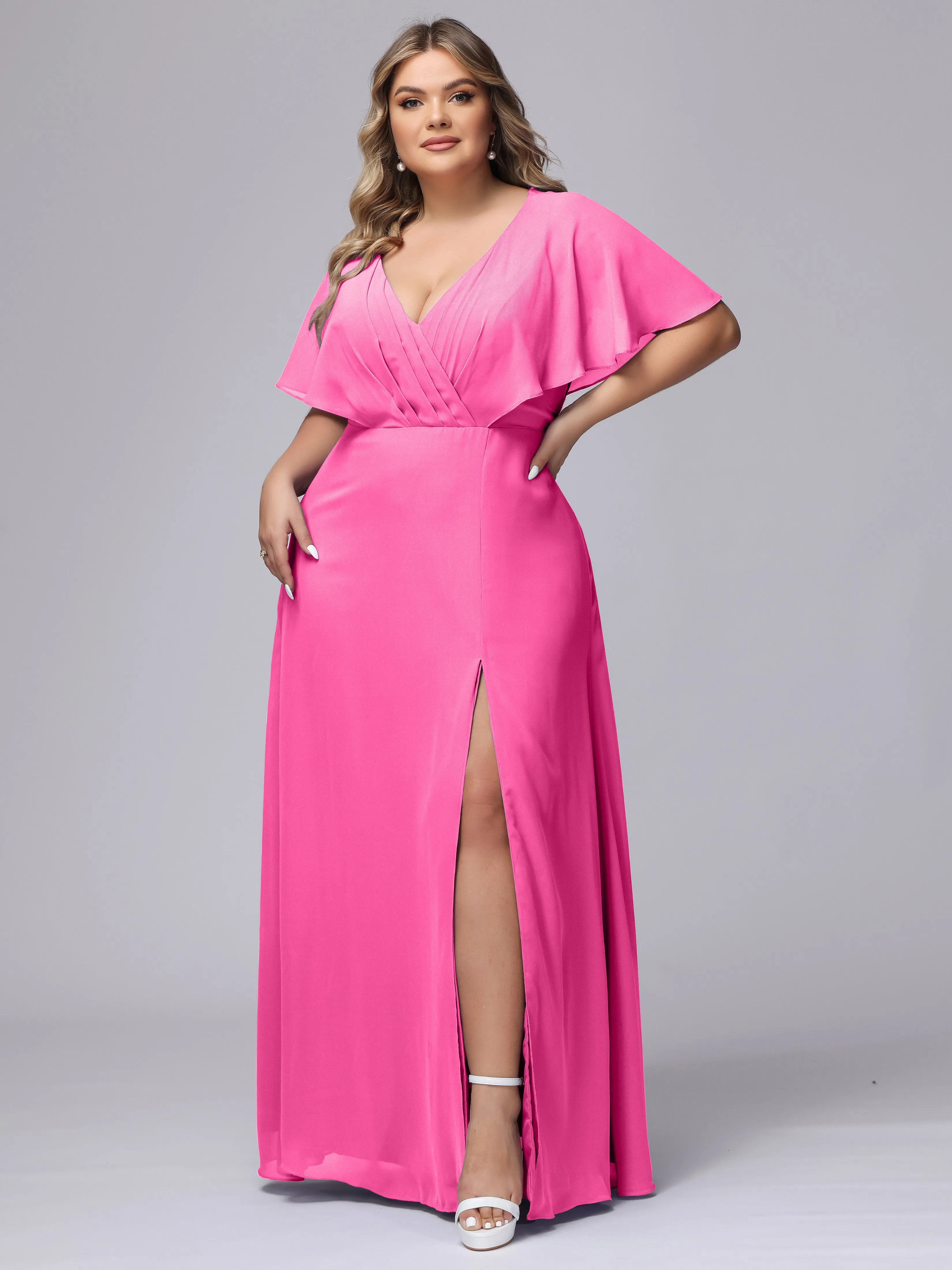 V-Neck Chiffon Short Sleeves Plus Size  Bridesmaid Dresses