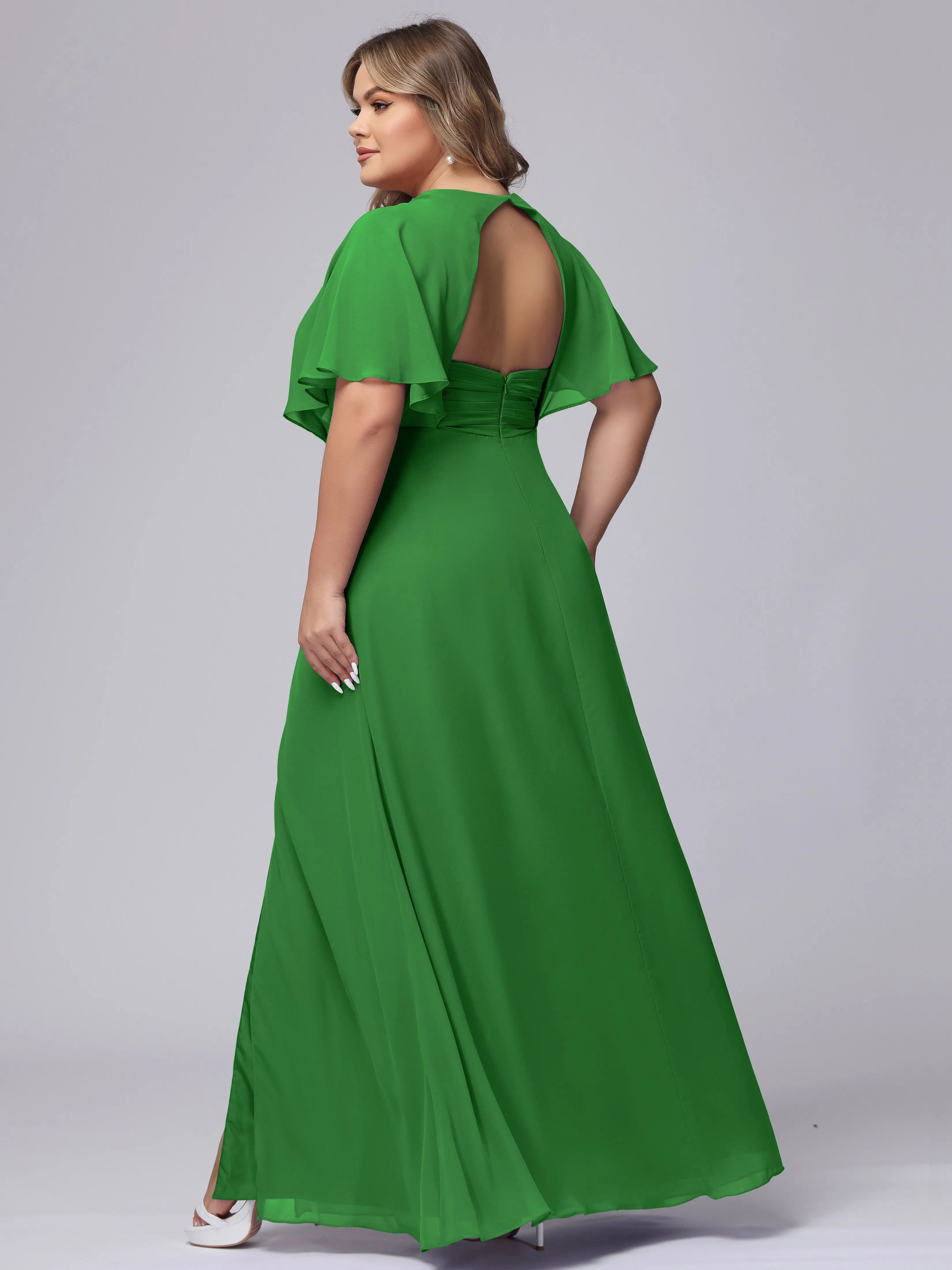 V-Neck Chiffon Short Sleeves Plus Size  Bridesmaid Dresses