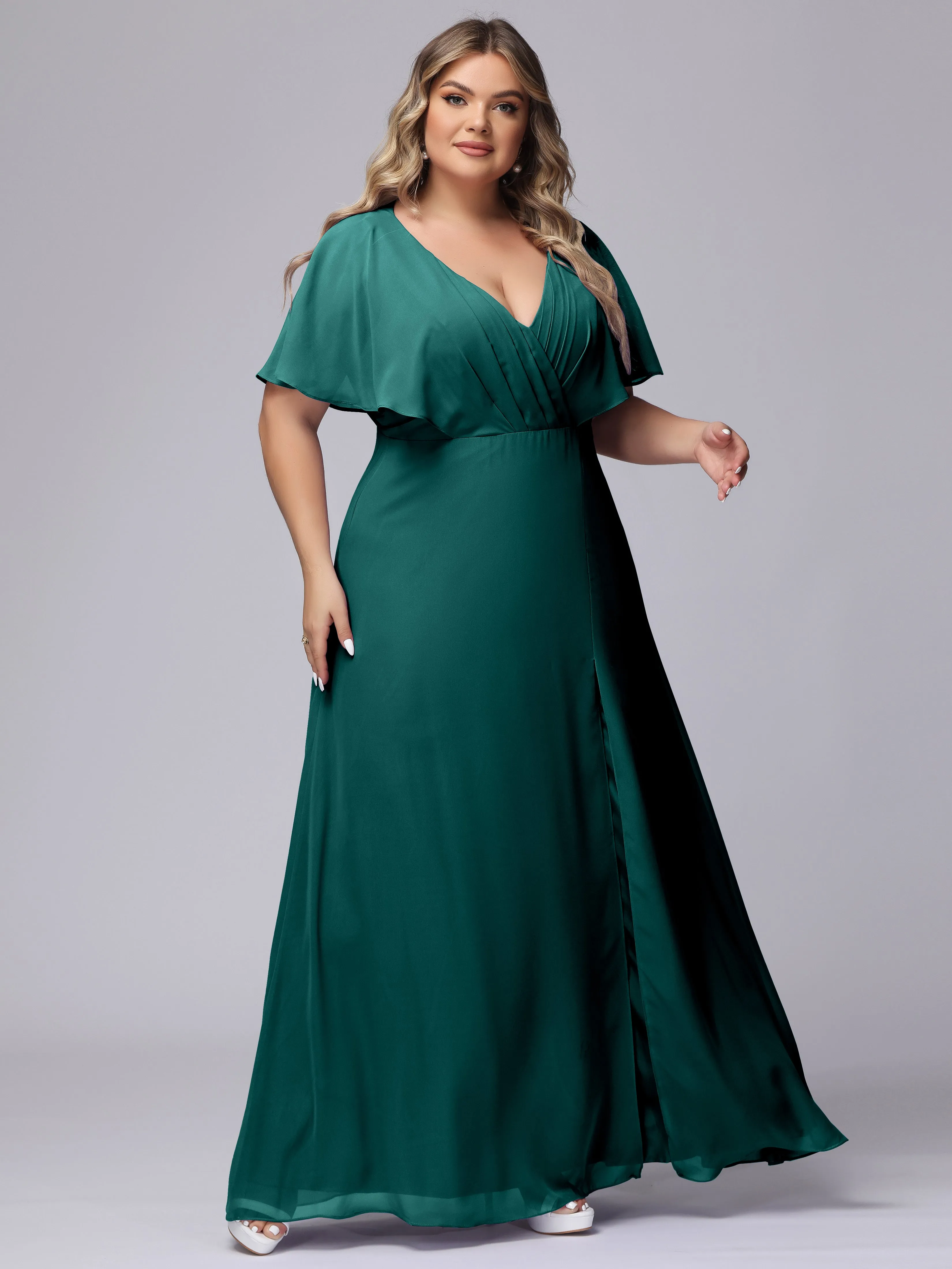 V-Neck Chiffon Short Sleeves Plus Size  Bridesmaid Dresses