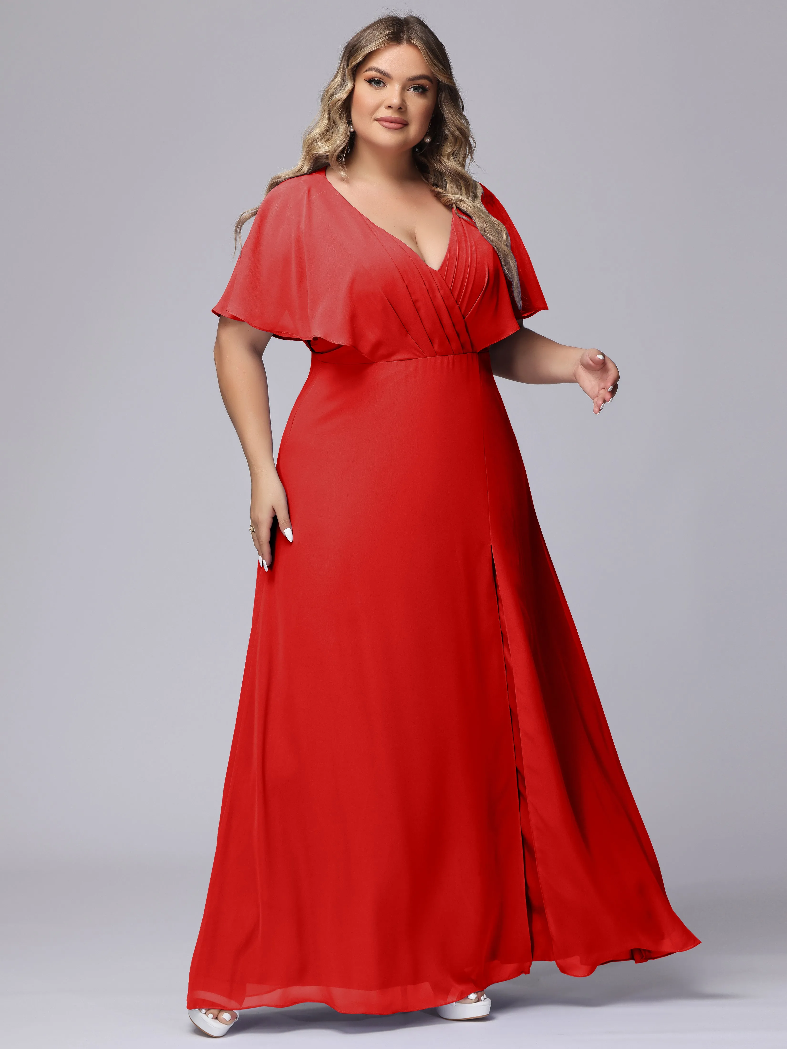 V-Neck Chiffon Short Sleeves Plus Size  Bridesmaid Dresses