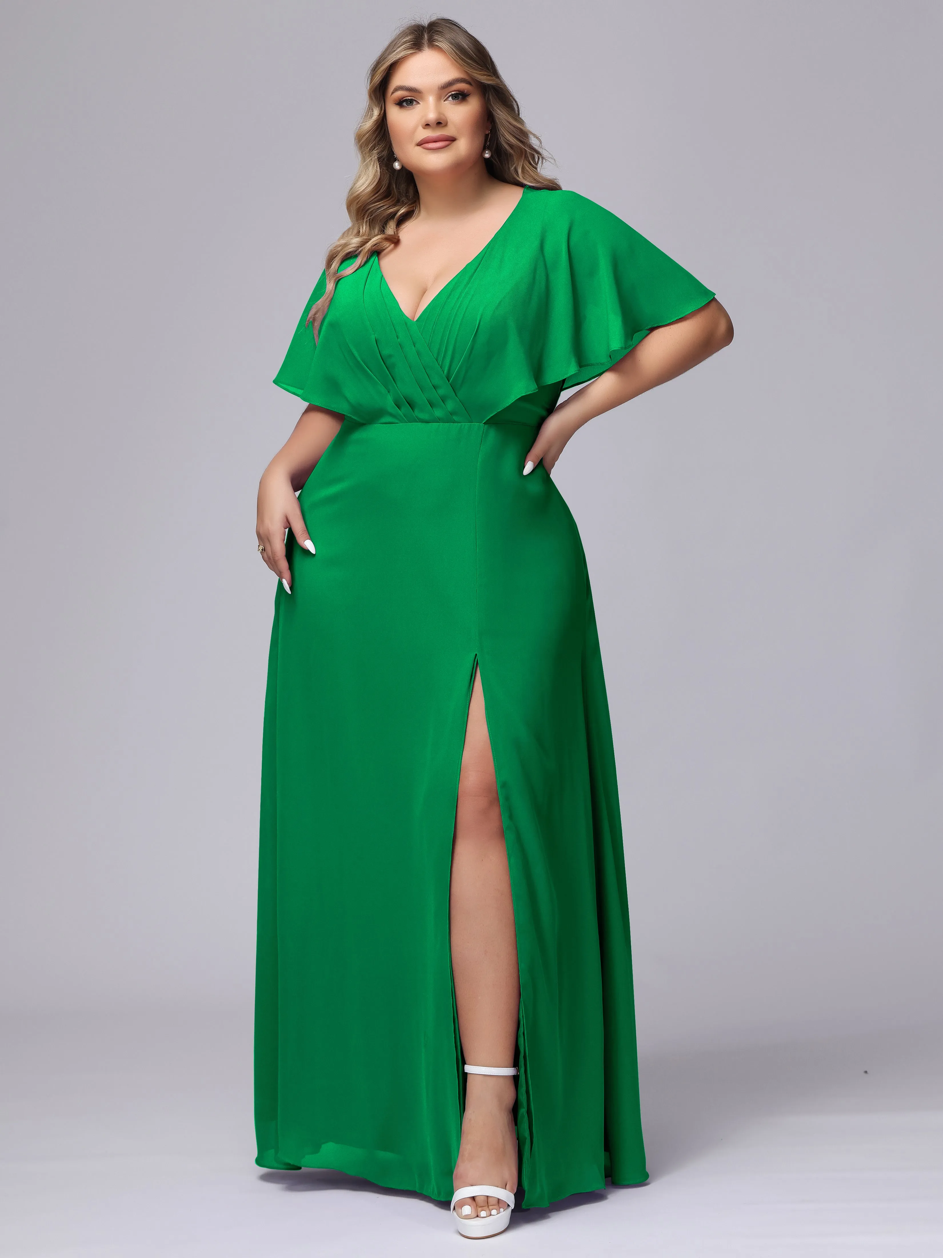 V-Neck Chiffon Short Sleeves Plus Size  Bridesmaid Dresses