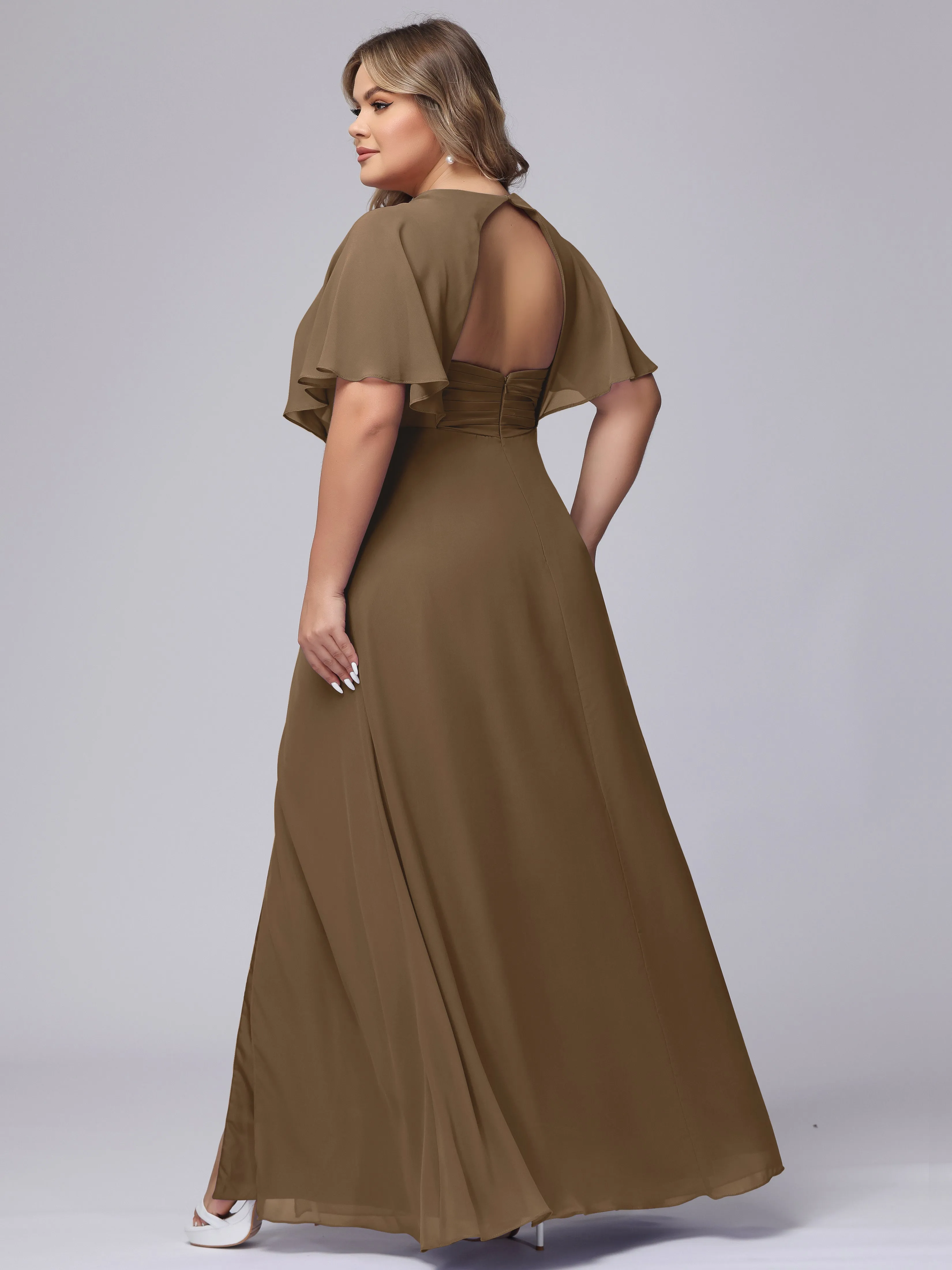 V-Neck Chiffon Short Sleeves Plus Size  Bridesmaid Dresses