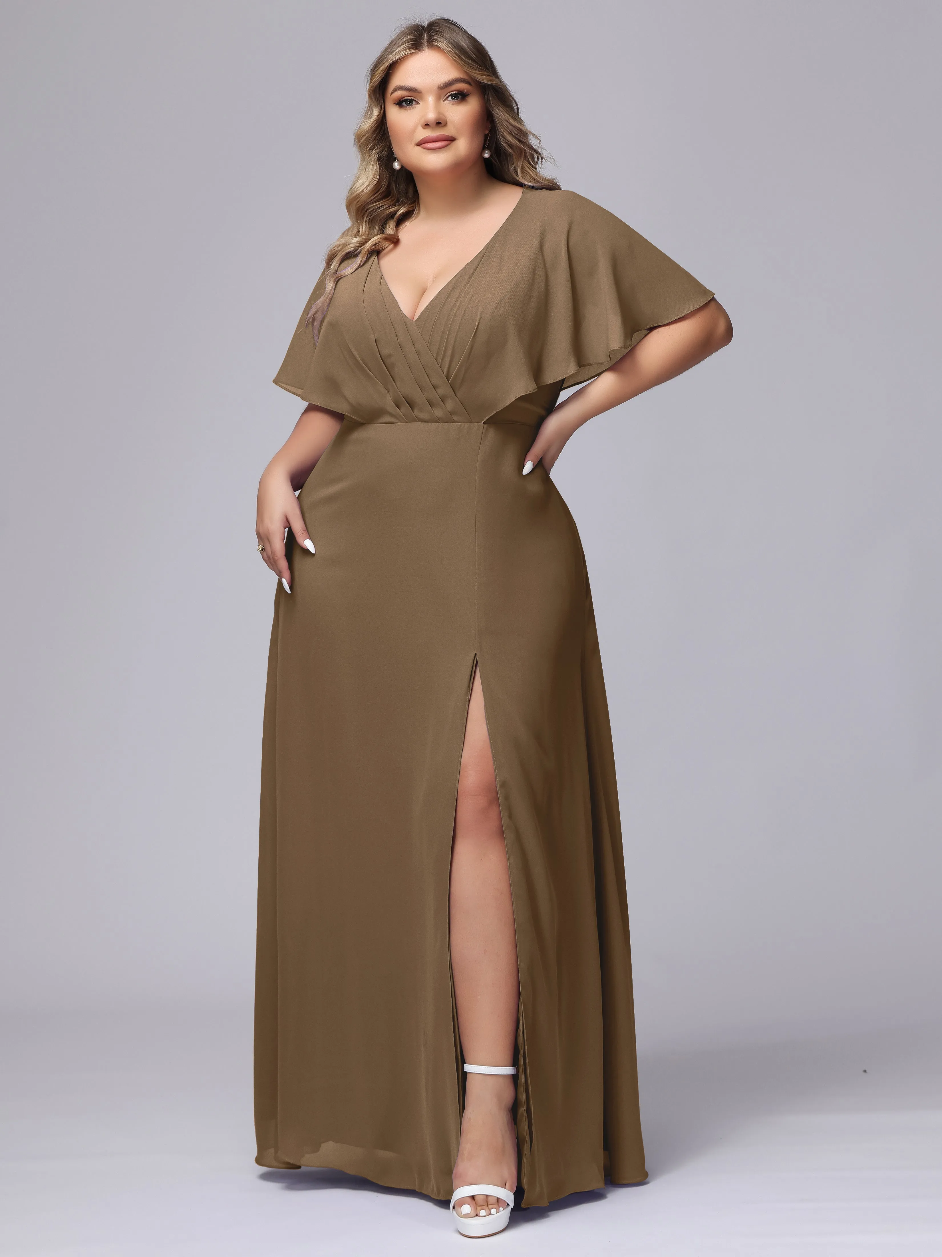 V-Neck Chiffon Short Sleeves Plus Size  Bridesmaid Dresses