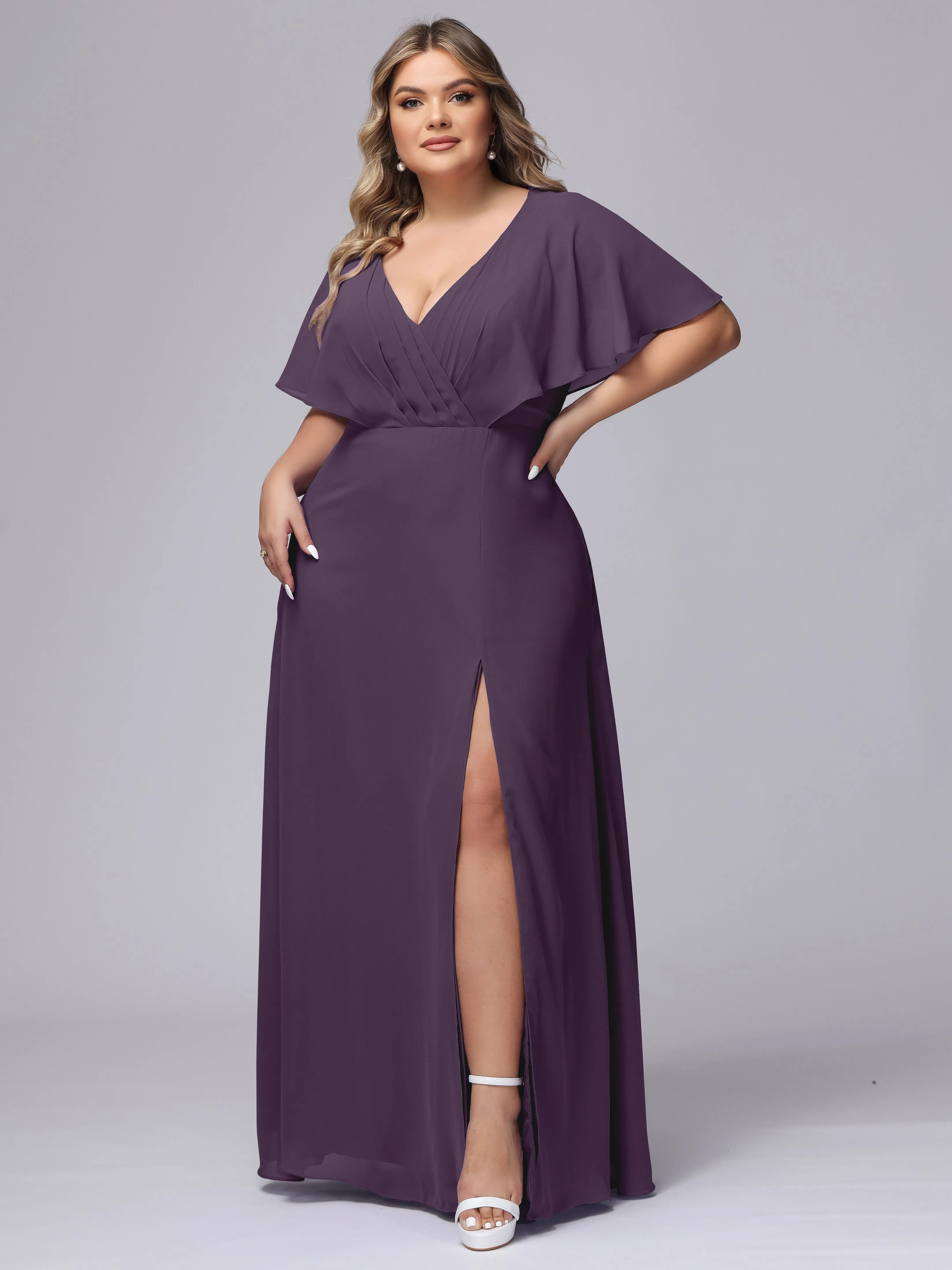 V-Neck Chiffon Short Sleeves Plus Size  Bridesmaid Dresses