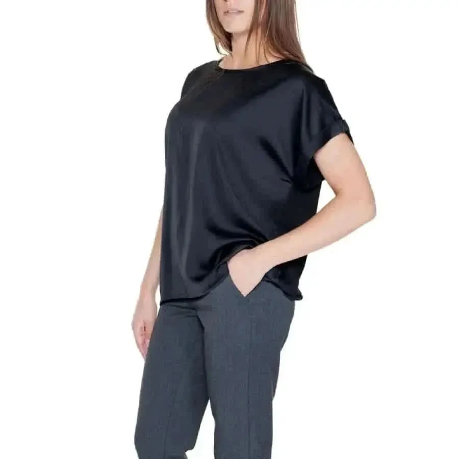 Vila Clothes Women's Black Crop Top Cotton Round Neck Spring Summer