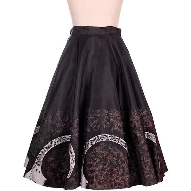 Vintage Circle Skirt Black & Silver Inca? Whimsical Border Print 1950s 27" Waist