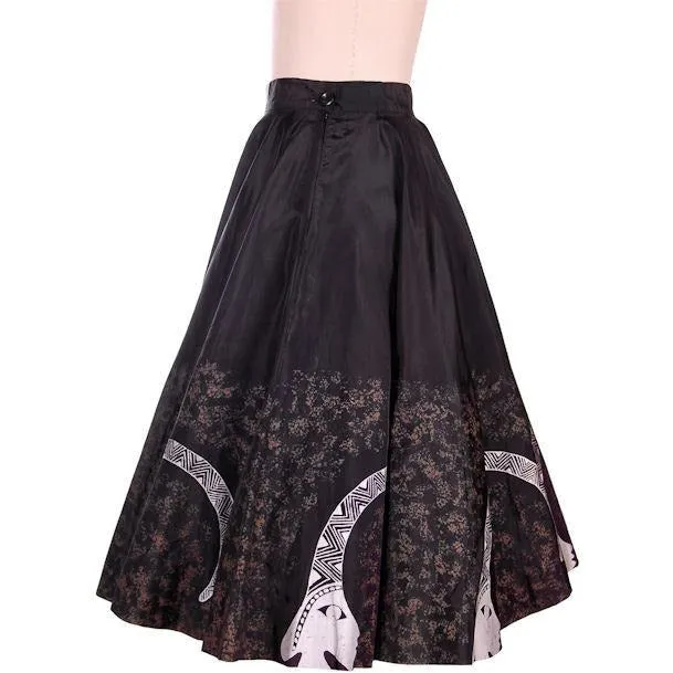 Vintage Circle Skirt Black & Silver Inca? Whimsical Border Print 1950s 27" Waist