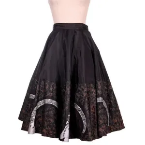 Vintage Circle Skirt Black & Silver Inca? Whimsical Border Print 1950s 27" Waist