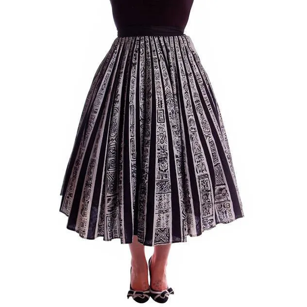 Vintage Circle Skirt Black/White Sun Ray Hand Painted Mexico Tel-Art 29" Waist