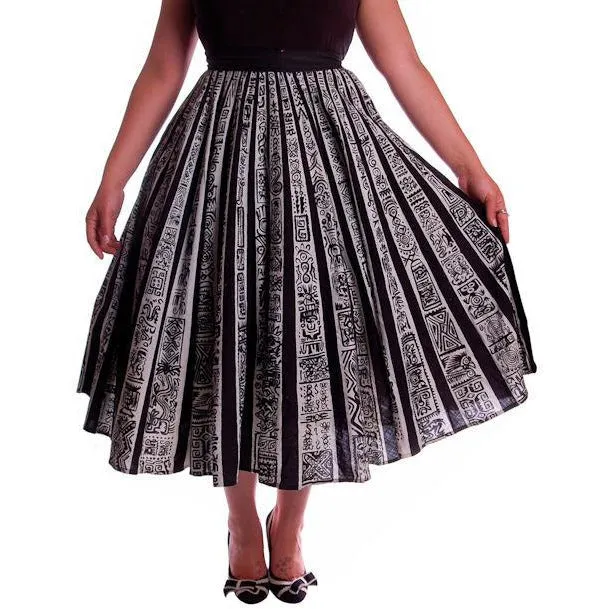 Vintage Circle Skirt Black/White Sun Ray Hand Painted Mexico Tel-Art 29" Waist