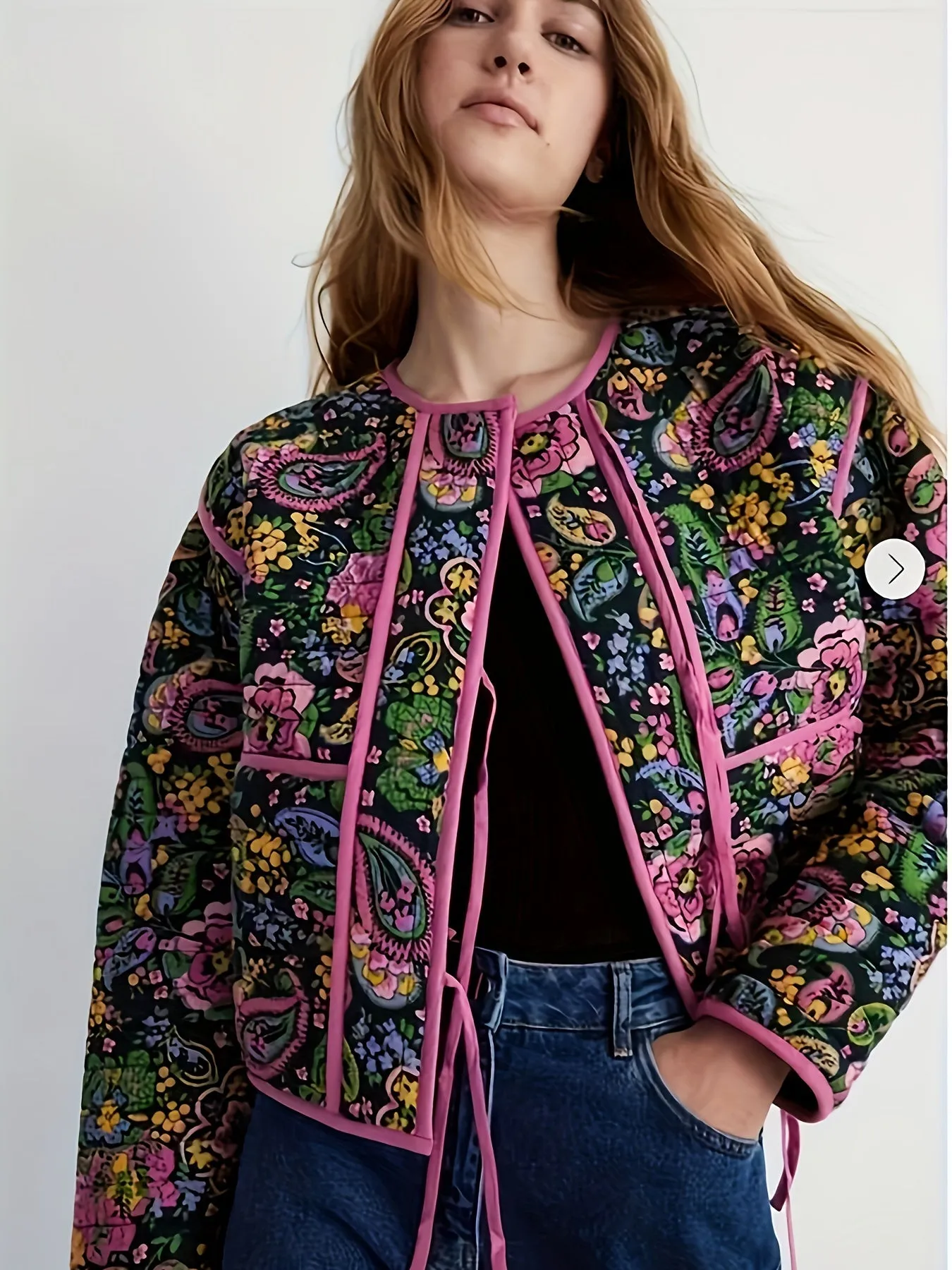 Vintage Floral Quilted Jacket  Lightweight Crew Neck Outerwear