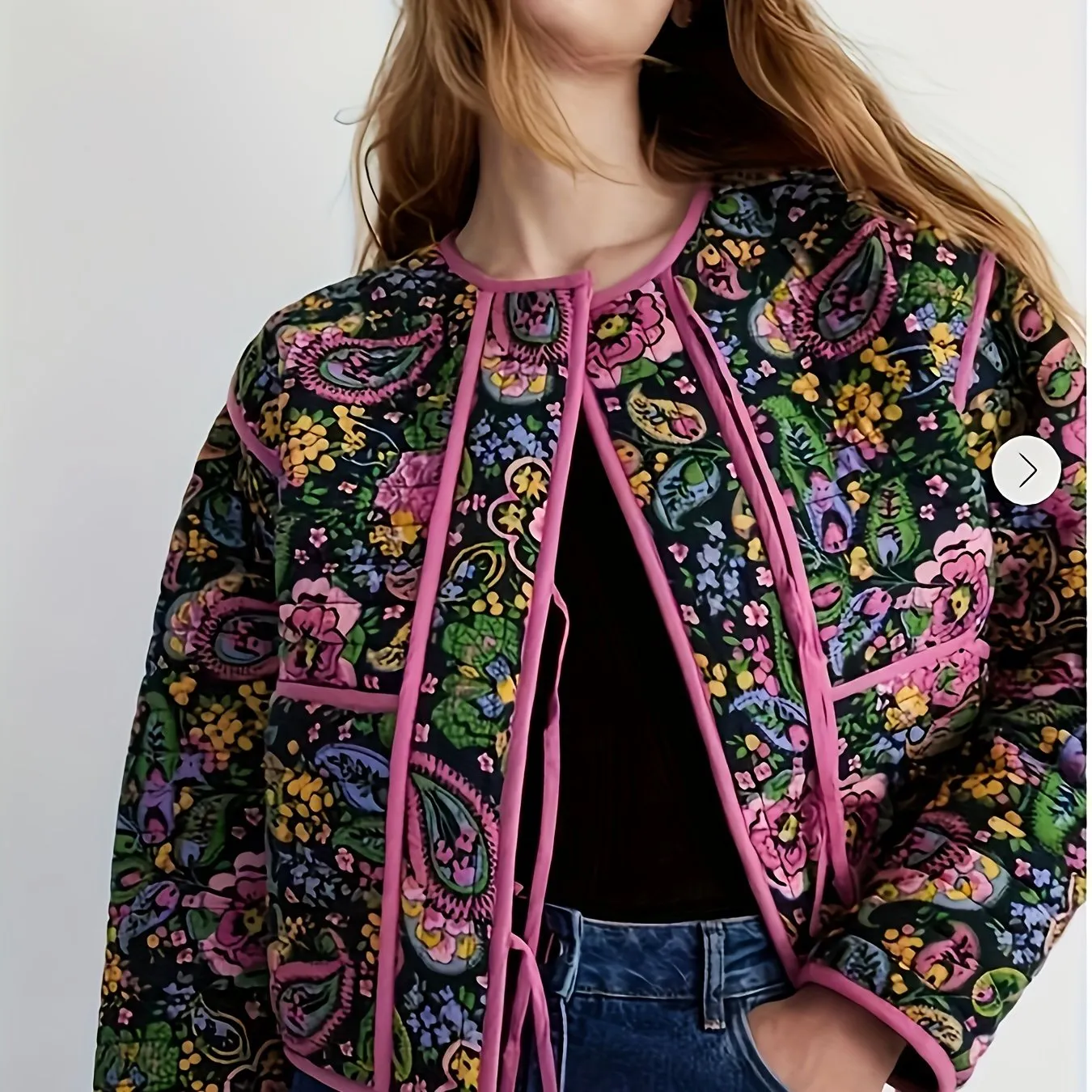 Vintage Floral Quilted Jacket  Lightweight Crew Neck Outerwear