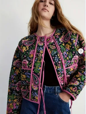 Vintage Floral Quilted Jacket  Lightweight Crew Neck Outerwear