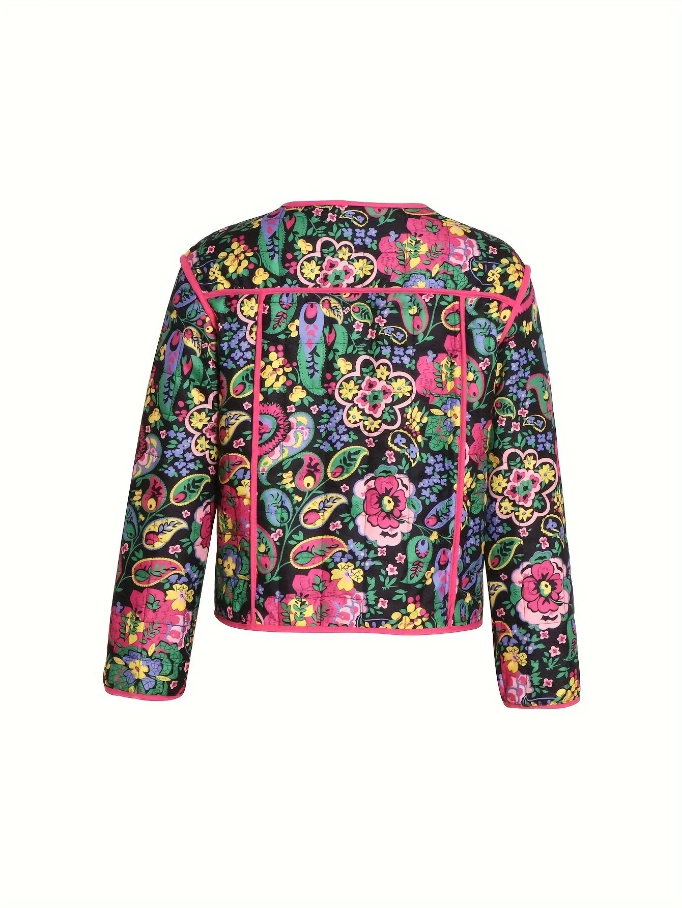 Vintage Floral Quilted Jacket  Lightweight Crew Neck Outerwear
