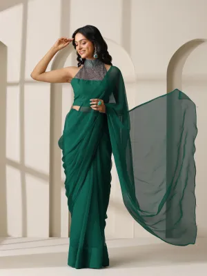 Vivid Sea Green Chiffon Saree with Self Blouse Fabric